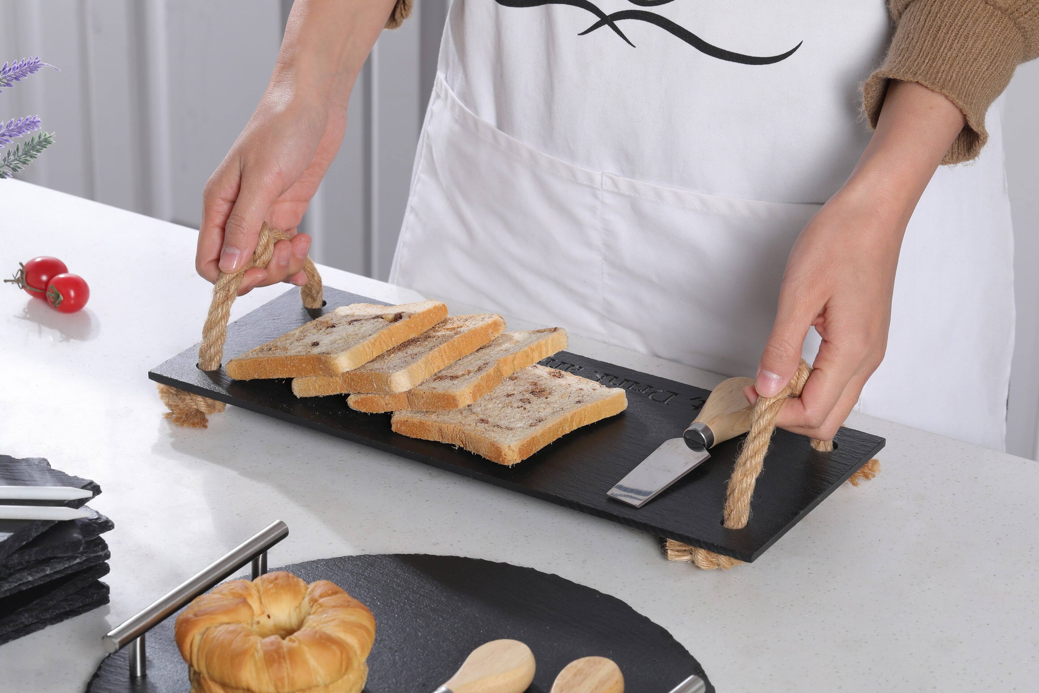 Alt View 1. Uber Appliance - Elegant Rectangular Slate Stone Serving Tray with Jute Rope Handles - Black.