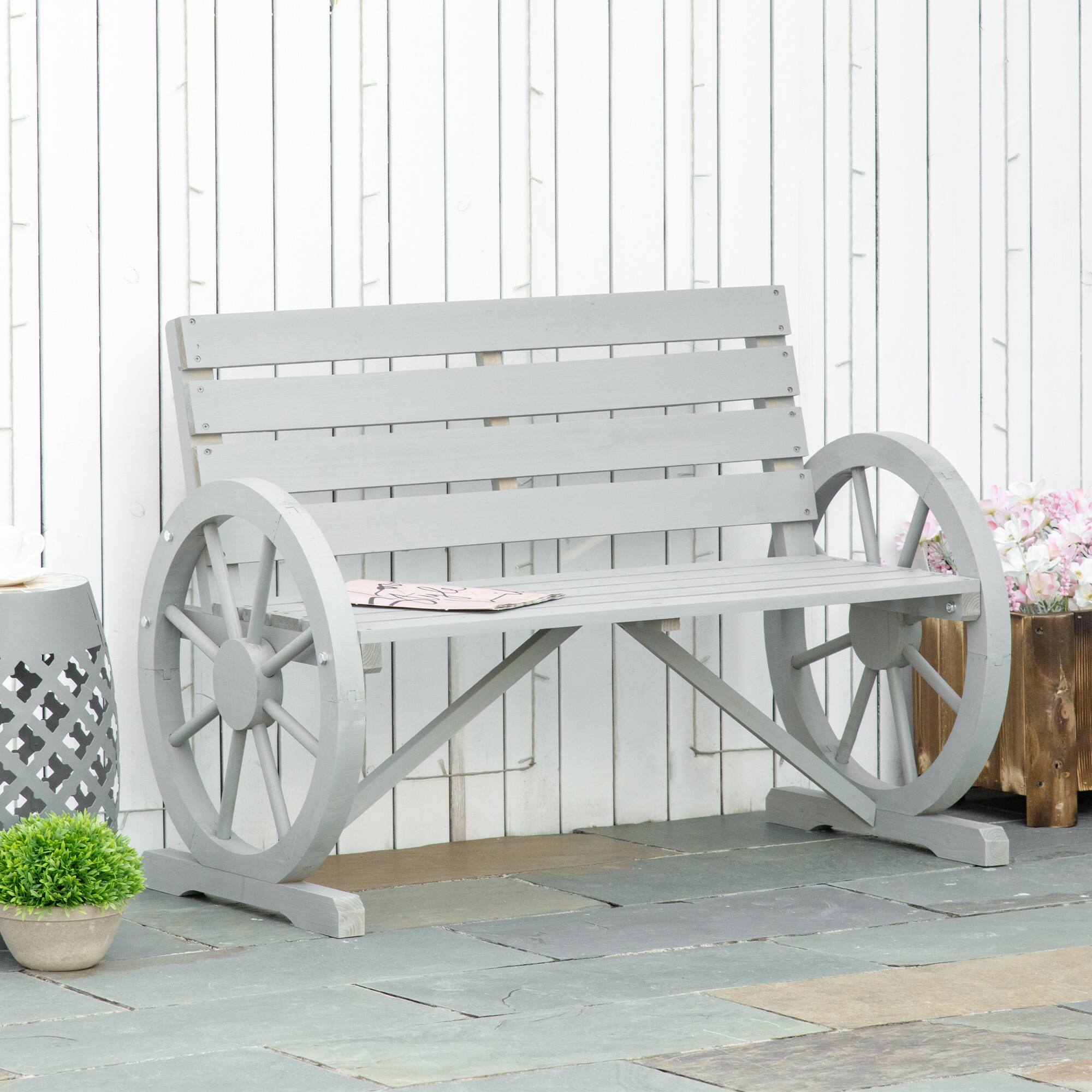 Alt View 8. Outsunny - 41" Wooden Wagon Wheel Bench, Rustic Outdoor Patio Weather Resistance Furniture, 2-Seat Bench with Backrest - Charcoal Grey.