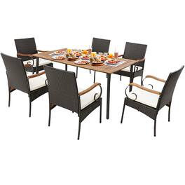 Gymax - 7PCS Wicker Dining Set Cushion Acacia Wood Armrests Table w/ Umbrella Hole Patio - Black, Brown