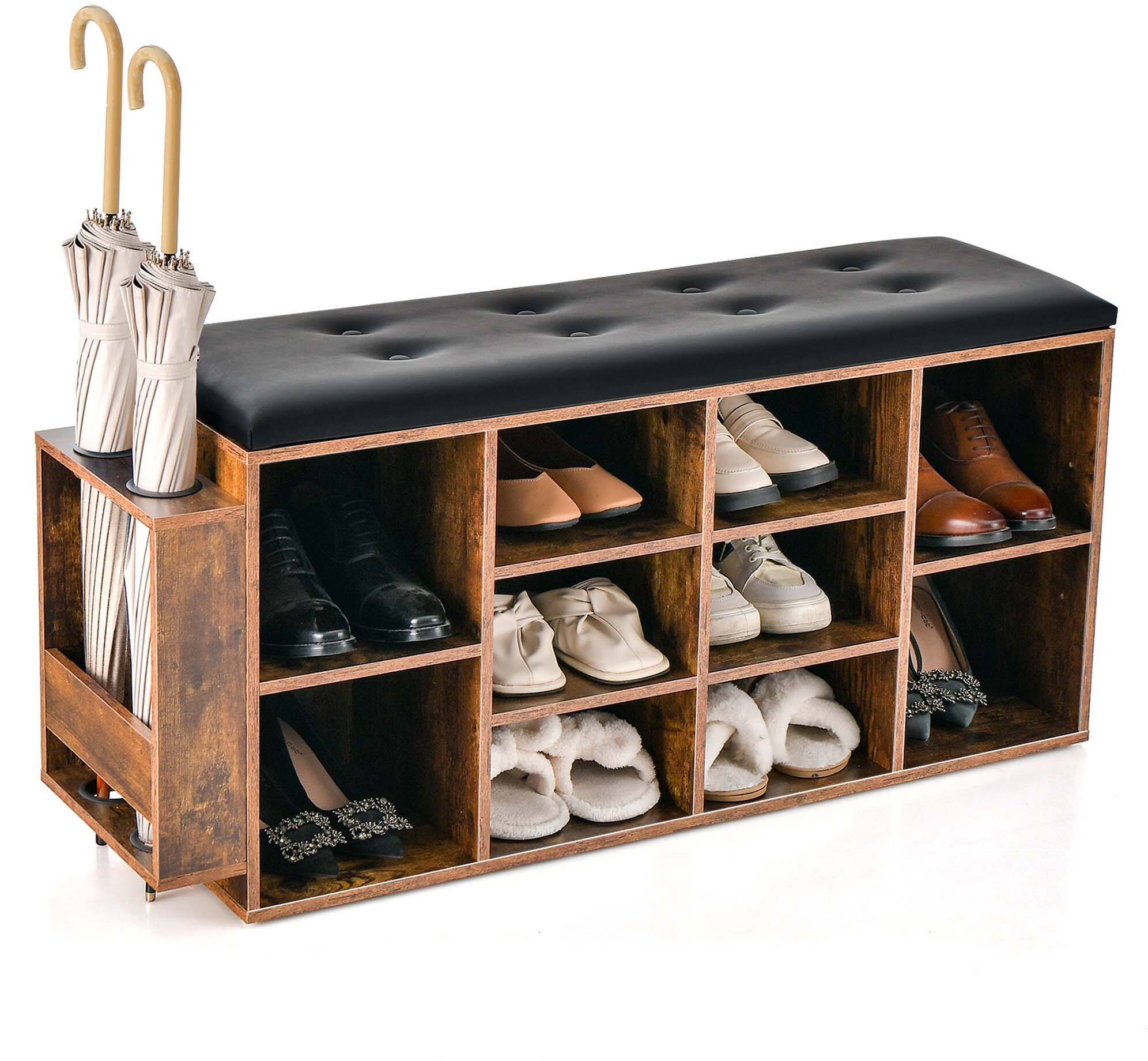 Costway - Wooden Shoe Bench 10-Cube Storage Organizer with Padded Cushion & Umbrella Holder - Black/Rustic Brown