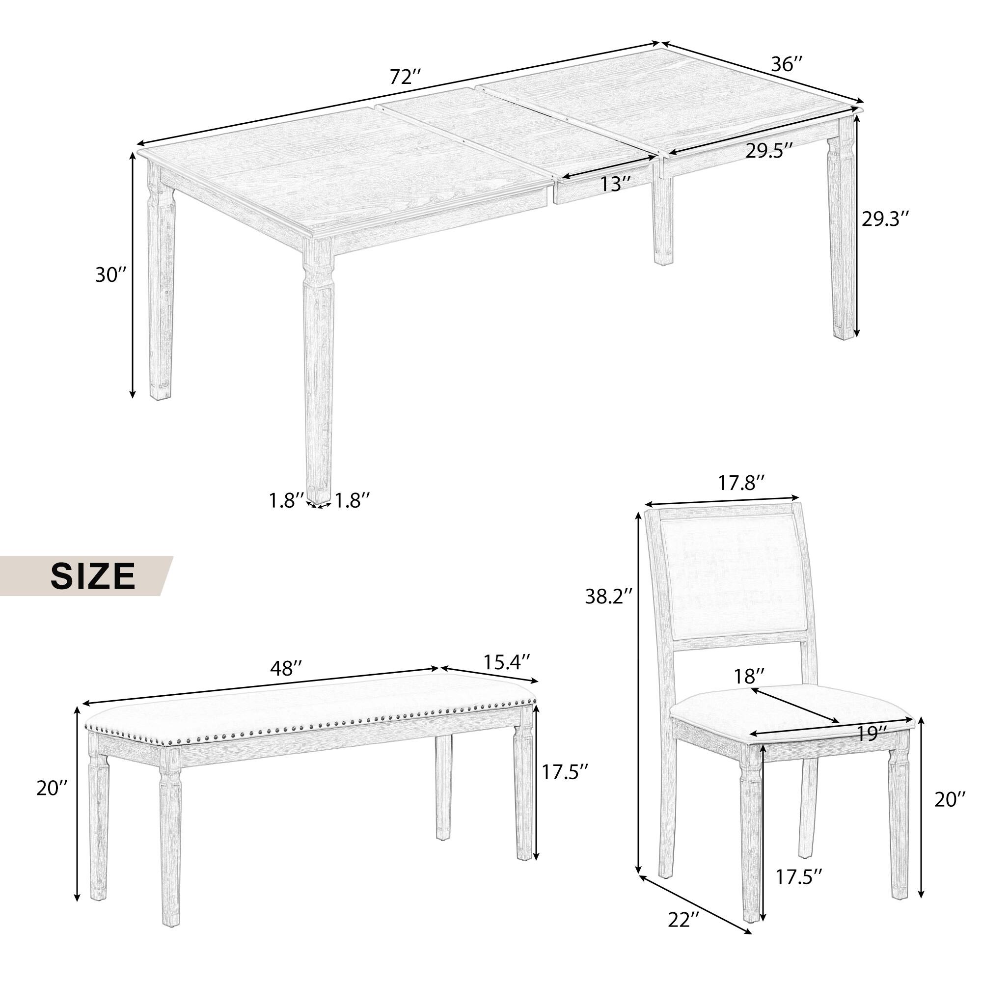 Sure, here is the corrected and grouped text from the image:

**Table Dimensions:**
- Length: 72"
- Width: 36"
- Height: 30"
- Depth: 29.5"
- Side Overhang: 13"
- Leg Width: 29.3"
- Leg Height: 1.8"
- Leg Thickness: 1.8"
- Top Thickness: 17.8"

**Chair Dimensions:**
- Seat Height: 17.8"
- Seat Depth: 19"
- Seat Width: 18"
- Back Height: 38.2"
- Back Width: 19"
- Arm Height: 15.4"
- Arm Width: 17.5"
- Leg Width: 17.5"
- Leg Height: 22"

**Table (with Leaves):**
- Length: 48"
- Width: 15.4"
- Height: 20"
- Leg Width: 17.5"
- Leg Height: 20"
