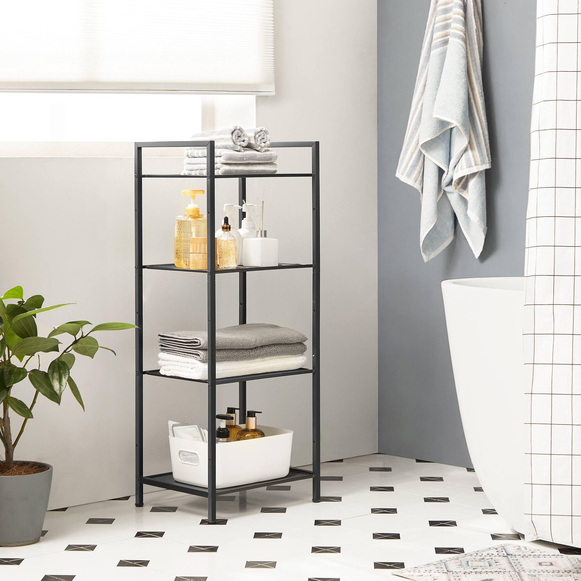 Angle. Songmics Home - 4-Tier Storage Rack, Bathroom Shelf, Extendable Plant Stand with Adjustable Shelf, for Bathroom - Black.