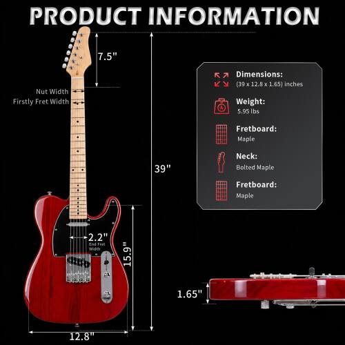 PRODUCT INFORMATION

- Nut Width: 7.5"
- First Fret Width: 1.65"
- Neck: Bolted Maple
- Fretboard: Maple
- End Fret Width: 2.2"
- Scale Length: 39"
- Body Dimensions: 39" x 12.8" x 1.65" inches
- Weight: 5.95 lbs