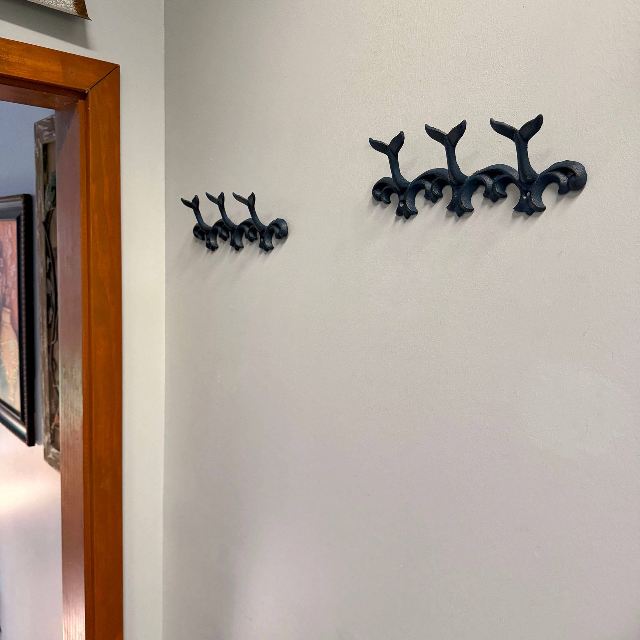 Alt View 5. Things2Die4 - Set of 2 Whale Tail Wall Hooks Cast Iron Blue Coastal Triple Hook 10.5 In - Blue.