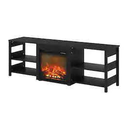 FurniFact - Americano Wood TV Stand with Fireplace and Open Storage - Black