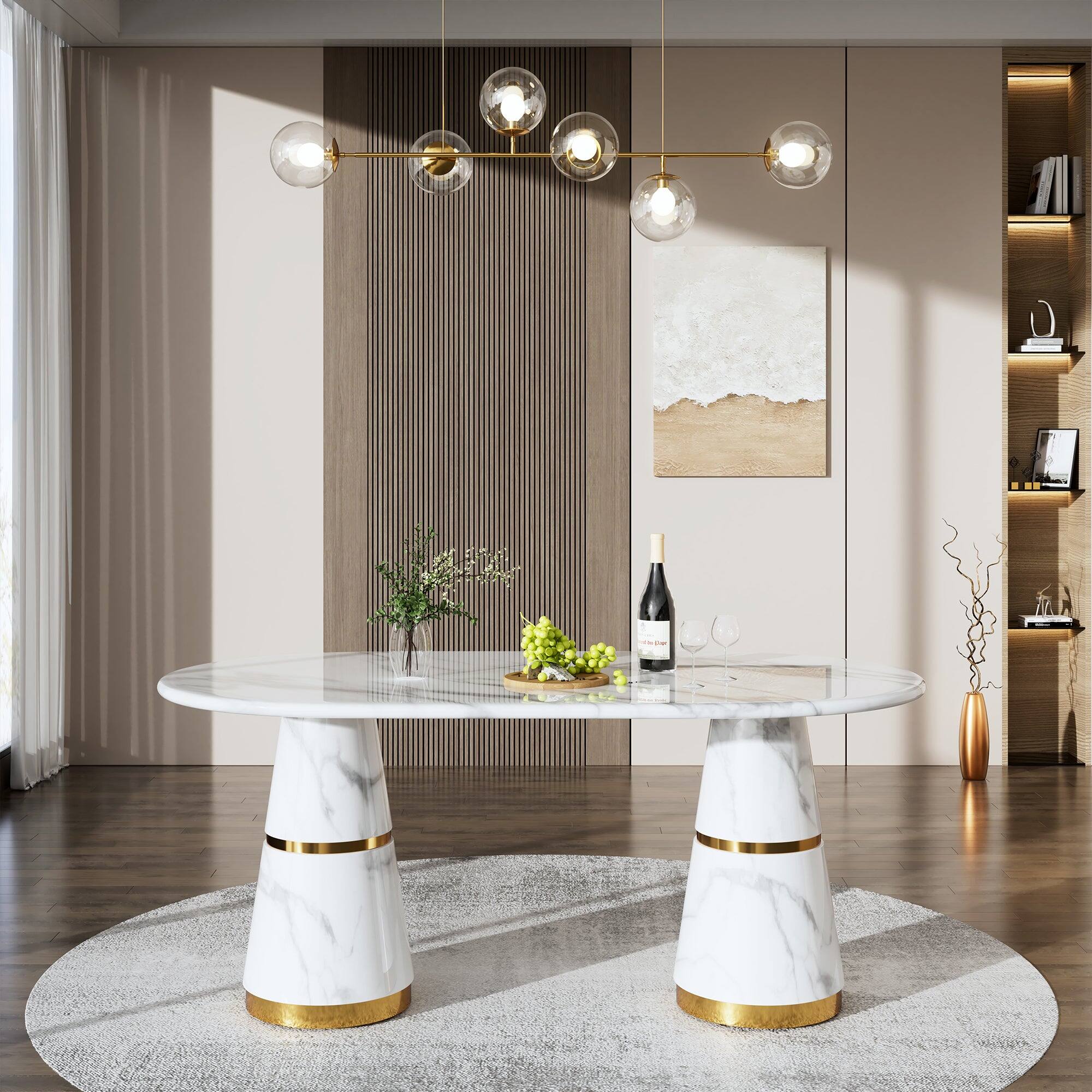 Alt View 2. Boyel Living - 70 Inch White Marble Double Pedestal Dining Table Seats 6 Modern Stainless Steel Base - White.