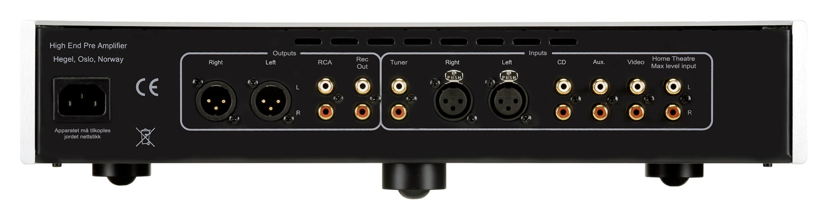 High-end preamplifier made by Hegel in Oslo, Norway. The right side of the device has outputs for the left and right channels, as well as a tuner and a home theater video input. The left side of the device has inputs for CD, auxiliary, and a push button. The device is designed to handle a maximum level input of 1 VRMS.