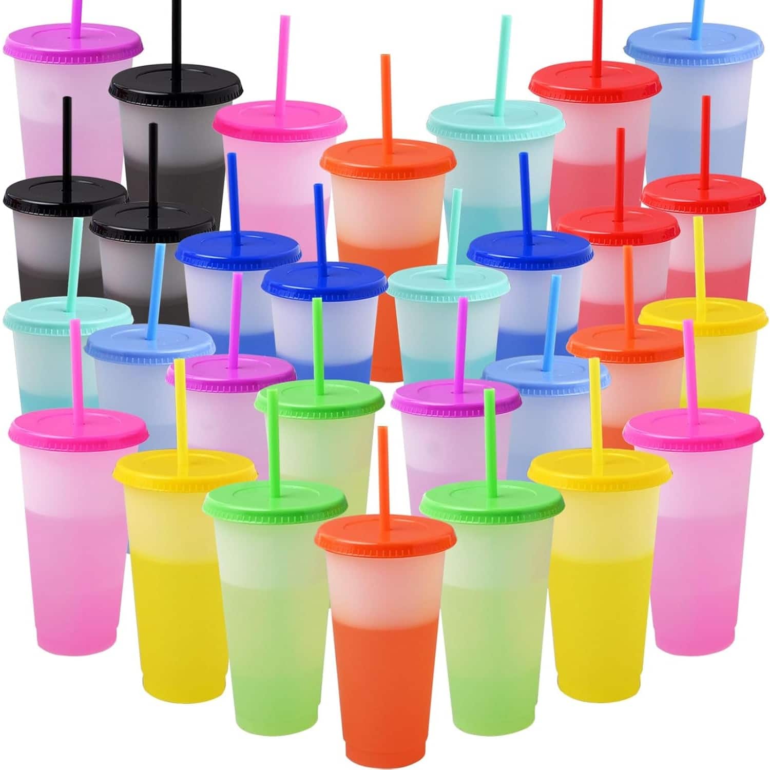 PARKER SLATER - 30-pack 24oz color changing reusable tumblers with lids and straws, BPA-free cups for parties, coffee, juice, water - Multicolor