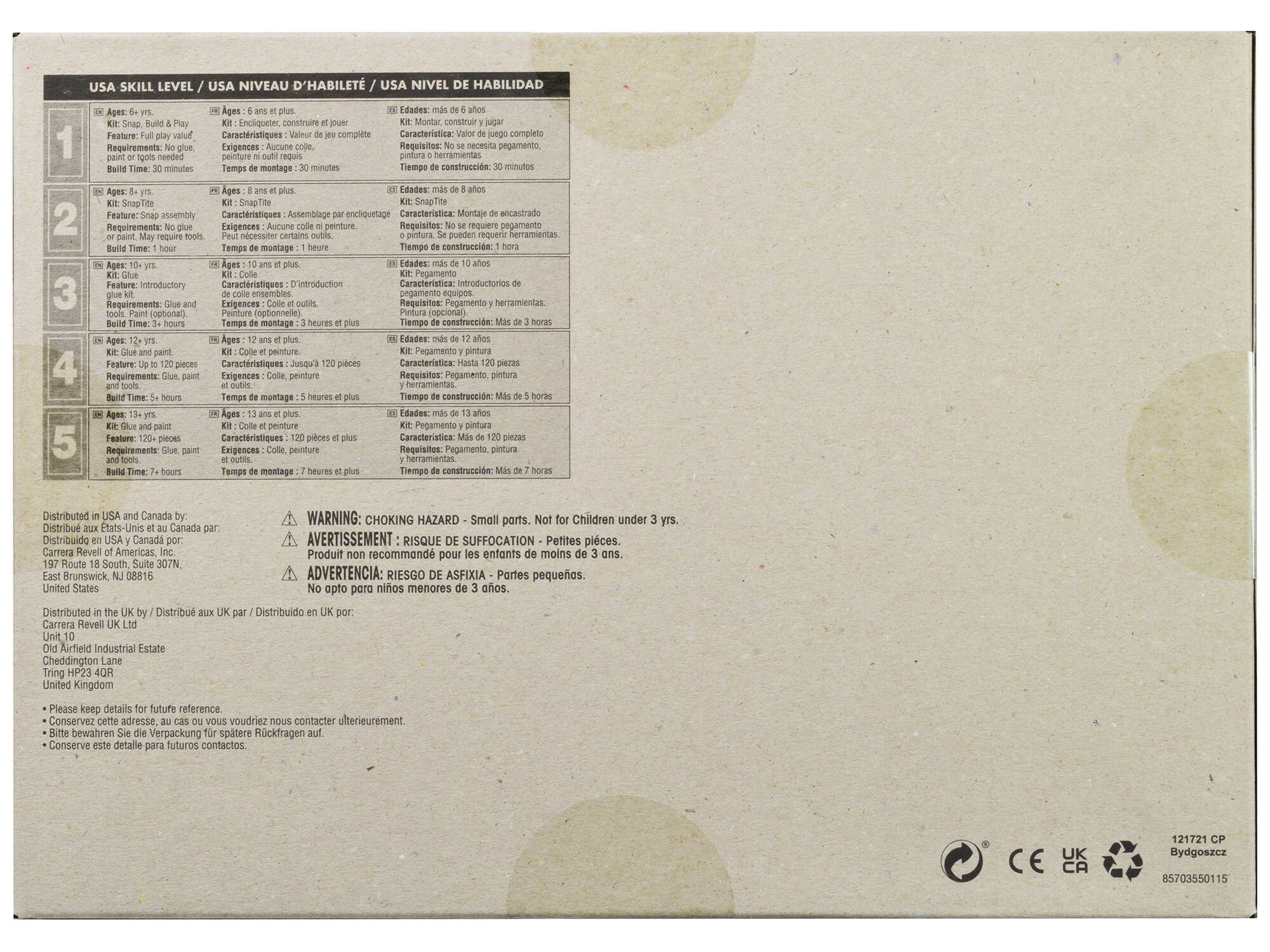 **USA SKILL LEVEL / USA NIVEAU D'ABILITÉ / USA NIVEL DE HABILIDAD**

1. **Ages: 6 yrs.**  
   Kit: Snap, Build & Play  
   Feature: Full play value, paint and tools needed  
   Build Time: 30 minutes  
   Edades: 6 años  
   Kit: Montaje, construir y jugar  
   Características: Montaje completo, pintura y herramientas  
   Tiempo de construcción: 30 minutos  
   Edades: 6 años  
   Kit: Montaje, construir y jugar  
   Características: Montaje completo, pintura y herramientas  
   Tiempo de construcción: 30 minutos  

2. **Ages: 4 yrs.**  
   Kit: SnapTite  
   Feature: Snap assembly  
   Requirements: No glue  
   Build Time: 1 hour  
   Edades: 4 años  
   Kit: Montaje enclavado  
   Características: Montaje enclavado  
   Requisitos: Pegamento, pintura, herramientas  
   Tiempo de montaje: 1 hora  
   Edades