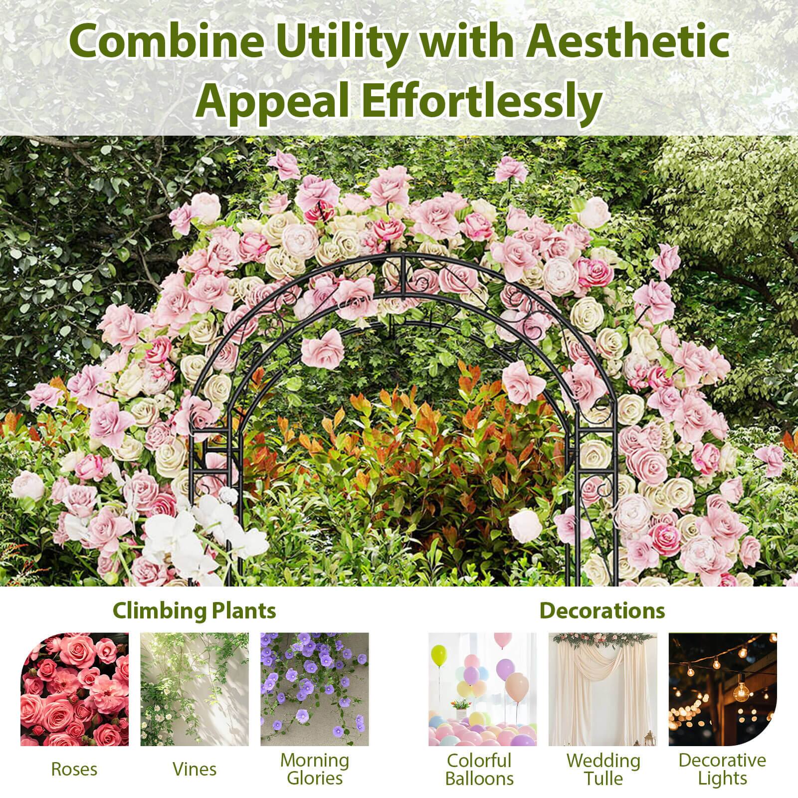 Combine Utility with Aesthetic Appeal Effortlessly

Climbing Plants
- Roses
- Vines
- Morning Glories

Decorations
- Colorful Balloons
- Wedding Tulle
- Decorative Lights