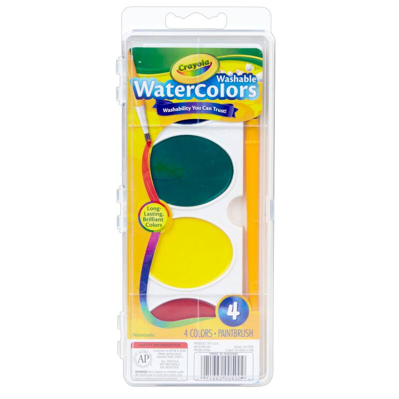 Crayola Washable WaterColors  
Washability You Can Trust!  
Long Lasting, Brilliant Colors  
CLE 4  
Nontoxic  
4 COLORS PAINTBRUSH  
USA  
SAFETY INFORMATION  
WIs 13-0500  
NUM - FECM  
Com NN Meam FRCA D FAHER  
stami wL Zams  
AP  
ALL STILA - MCTRALS  
NONTONC  
SN subet 87 71463 00600