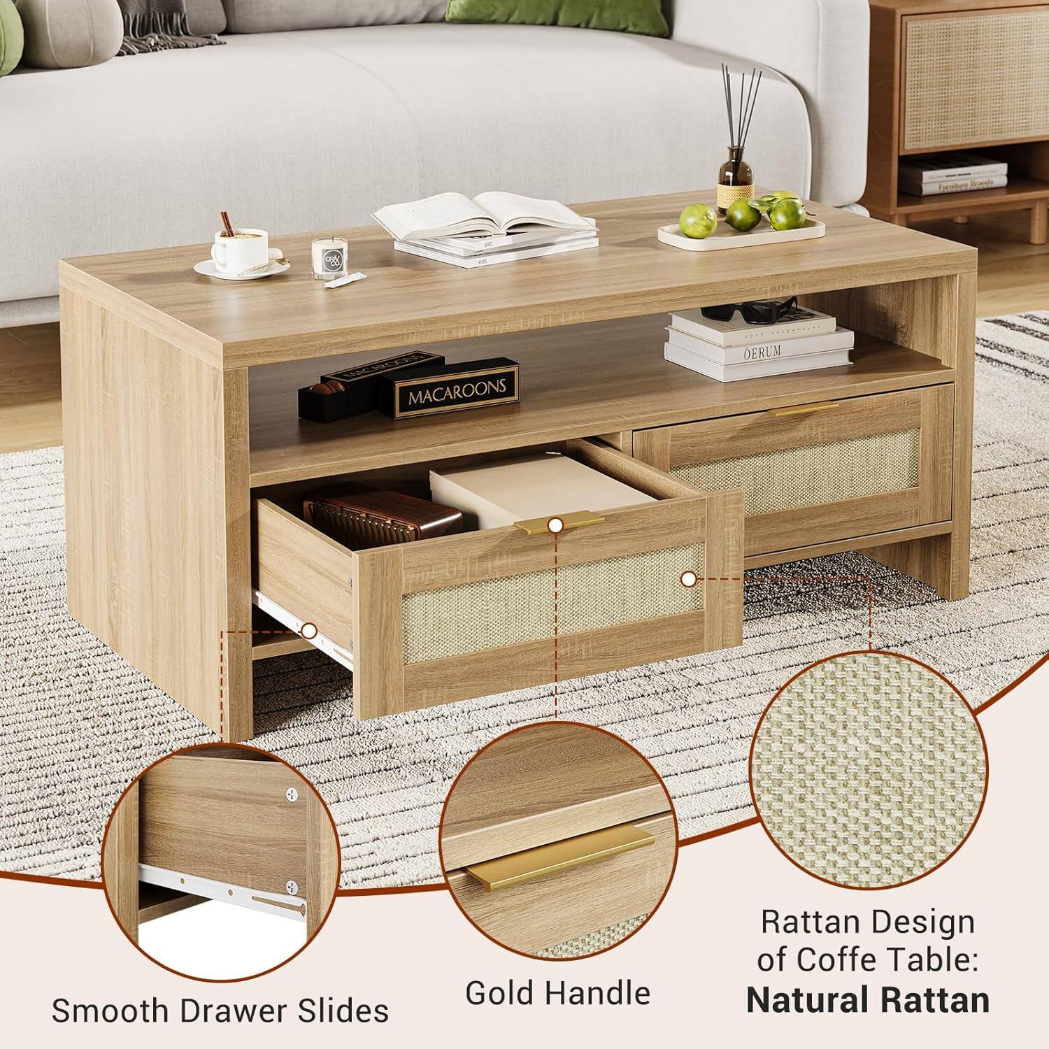 MACAROONS OFRUM Smooth Drawer Slides Gold Handle Rattan Design of Coffee Table: Natural Rattan