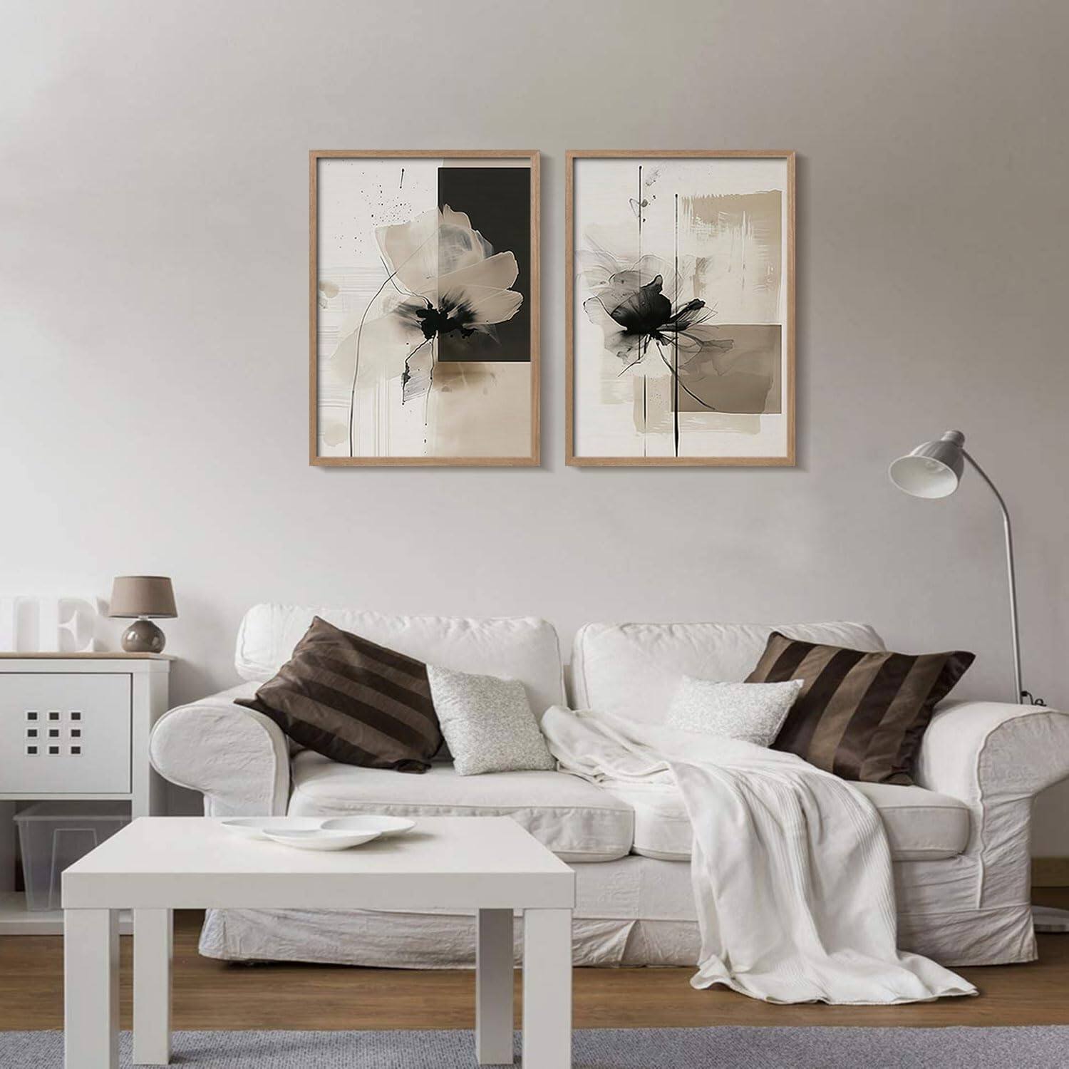 Alt View 3. Fabibe - Framed Black and White Flower Abstract Wall Art Modern Neutral Canvas Prints Posters Pictures Gallery Wall Decor Living - Blue 16"L x 12"W.