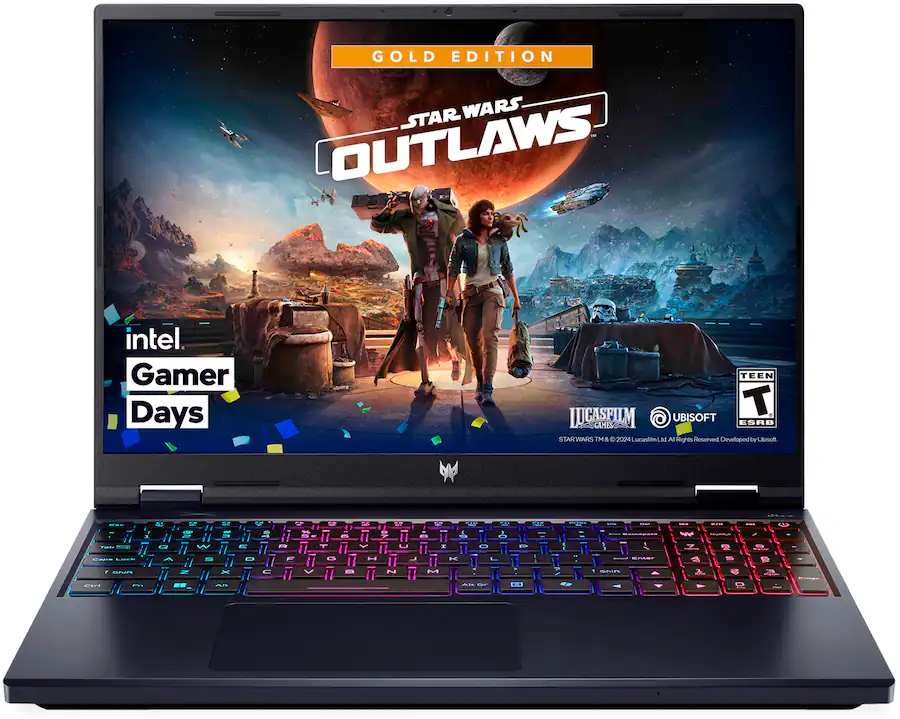 GOLD EDITION STAR WARS OUTLAWS intel Gamer Days TEEN T LUCASFUM @ UBISOFT CAHIS ESRB STAR WARS TM C 2024 Lucasfilm Ltd. & TM All Rights Reserved Developed by Ubisoft.