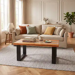 WELLFOR - Rectangular Coffee Table with Epoxy Tabletop, Teak Wood Patio Table with Metal Leg for Living Room - Natural