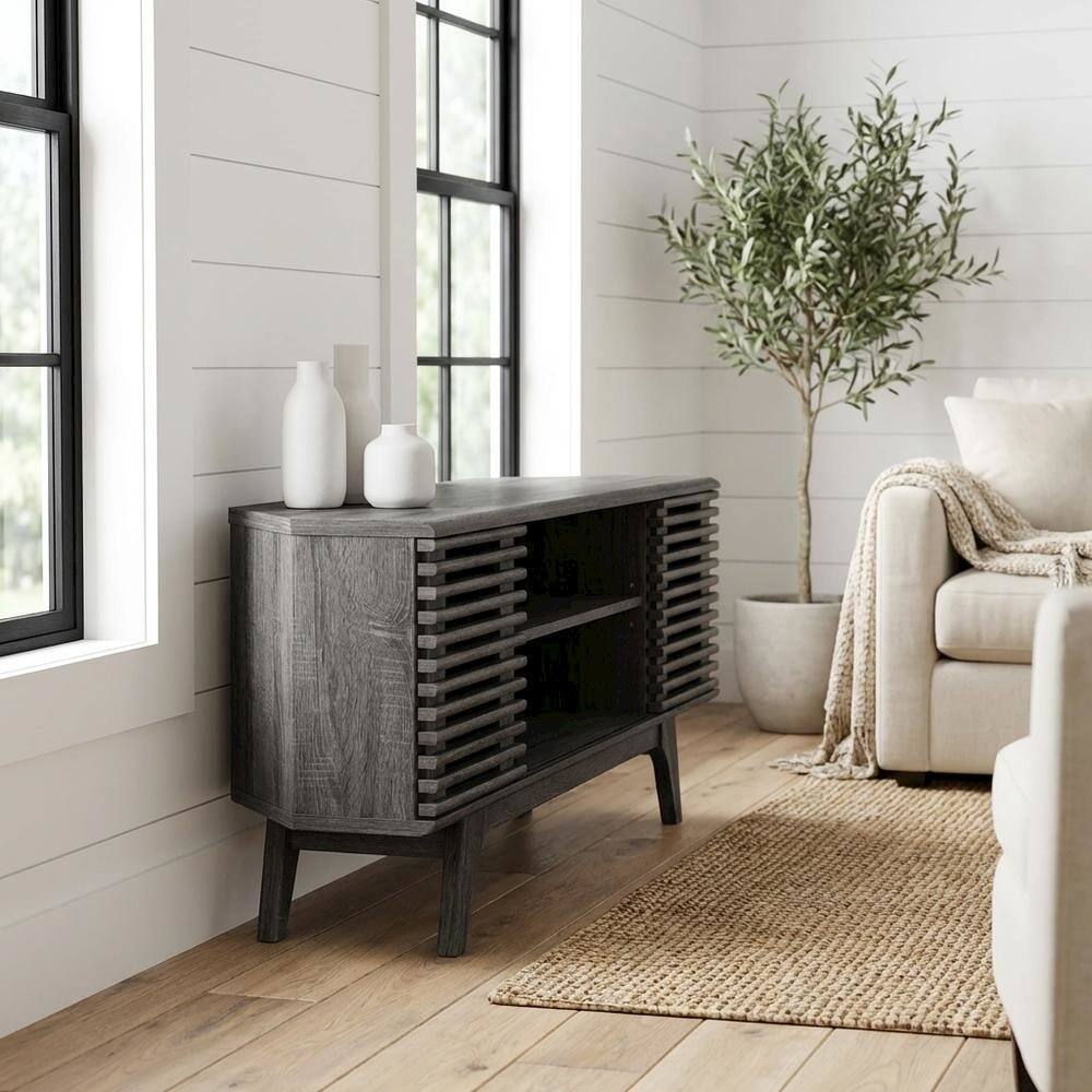 Angle. FurniFact - Gray wood corner TV stand with sleek design and sturdy construction - Gray.