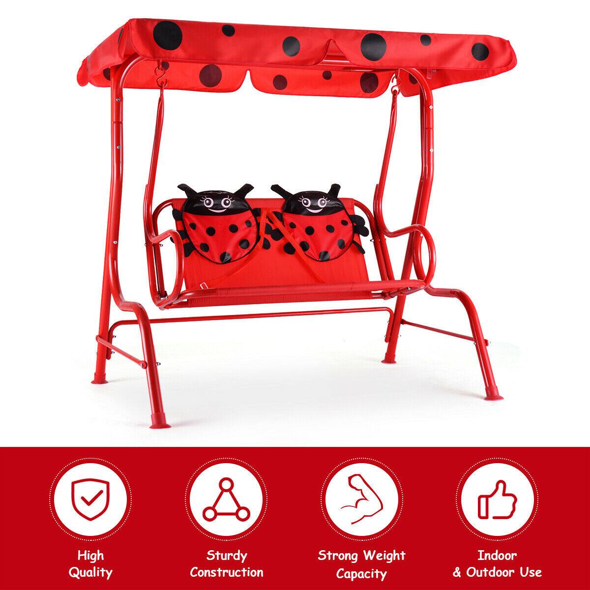 Alt View 7. Gymax - Gymax Kids Patio Porch Bench Swing w/ Safety Belt Canopy Outdoor Furniture Red - Red.