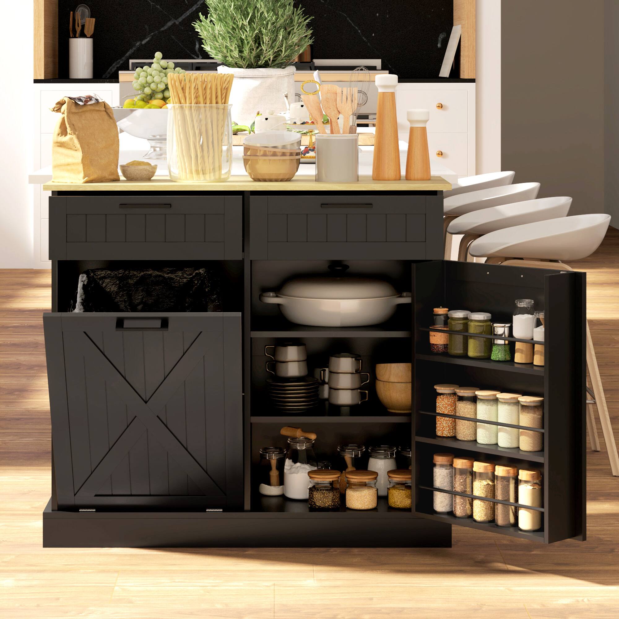 Alt View 1. Homcom - Gallon Farmhouse Kitchen Cabinet with Hidden Trash Can and 2 Drawers - Black.