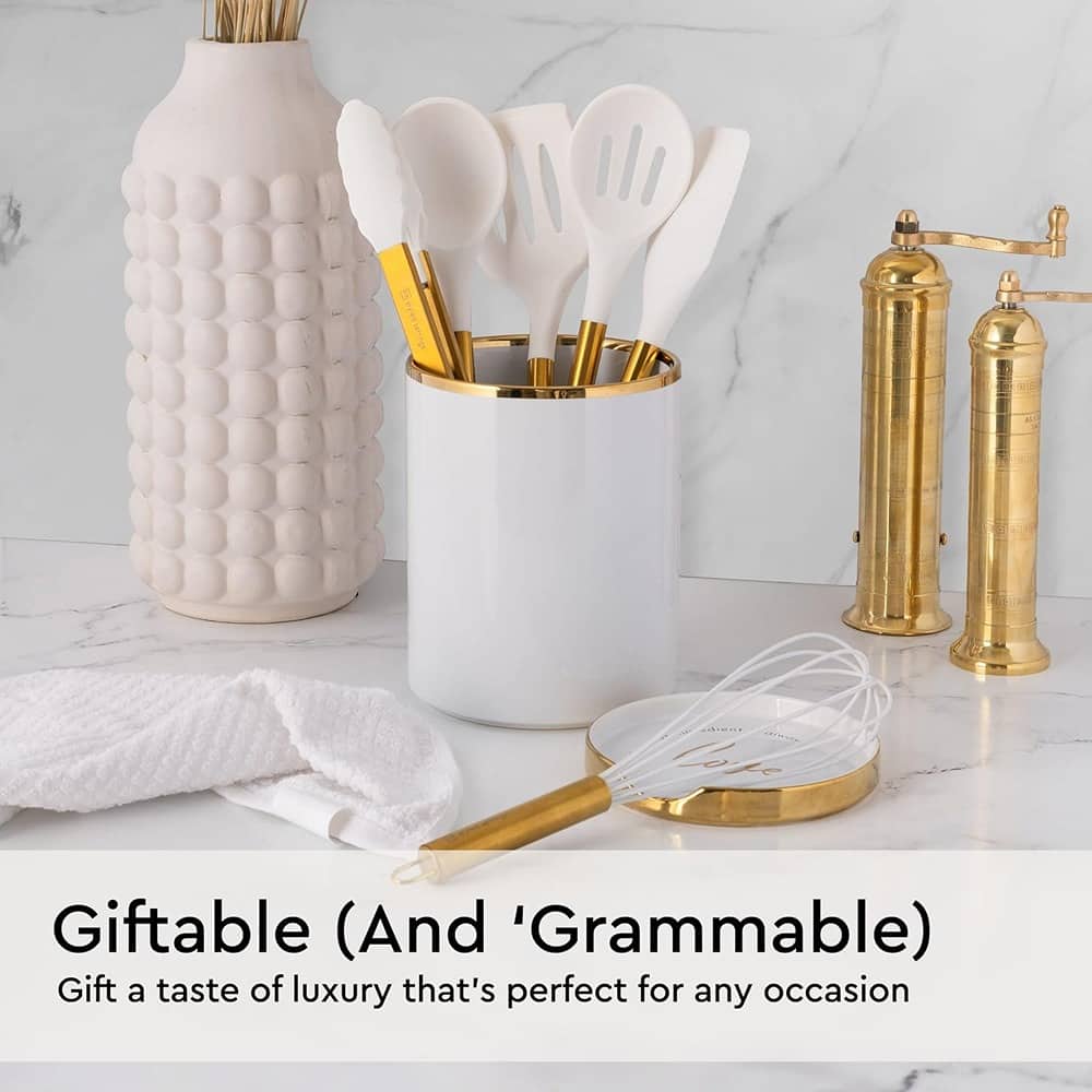 RTMB - Six-piece silicone cooking utensils set in white and gold that includes a spoon, tongs - White & Gold