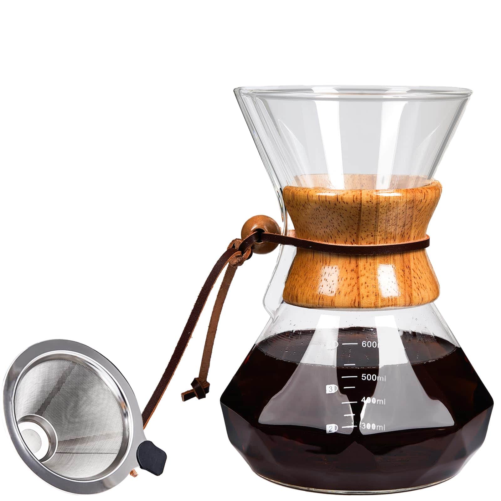 Fabibe - Pour Over Coffee Maker With Reusable Stainless Steel Drip Filter Borosilicate Glass Carafe Modern Wooden Collar For 1 - Diamond - 600ML/20OZ
