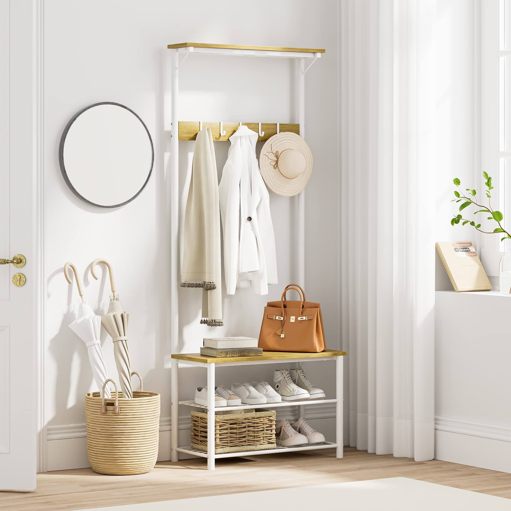 2.white Hall Tree With Top Shelf