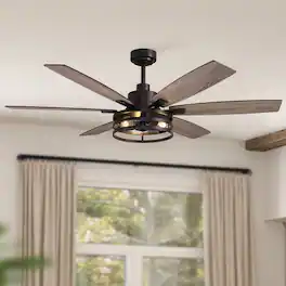 Siljoy - 60-Inch Matte Farmhouse Cage Ceiling Fan with Light 6 Big Dual Color Blades for Living Room Bedroom Kitchen Patio - Black