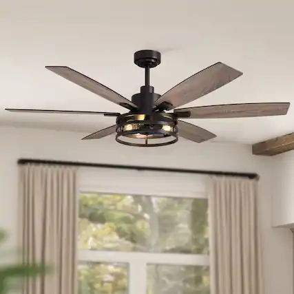 Front. Siljoy - 60-Inch Matte Black Farmhouse Cage Ceiling Fan with Light 6 Big Dual Color Blades for Living Room Bedroom Kitchen Patio - Black.