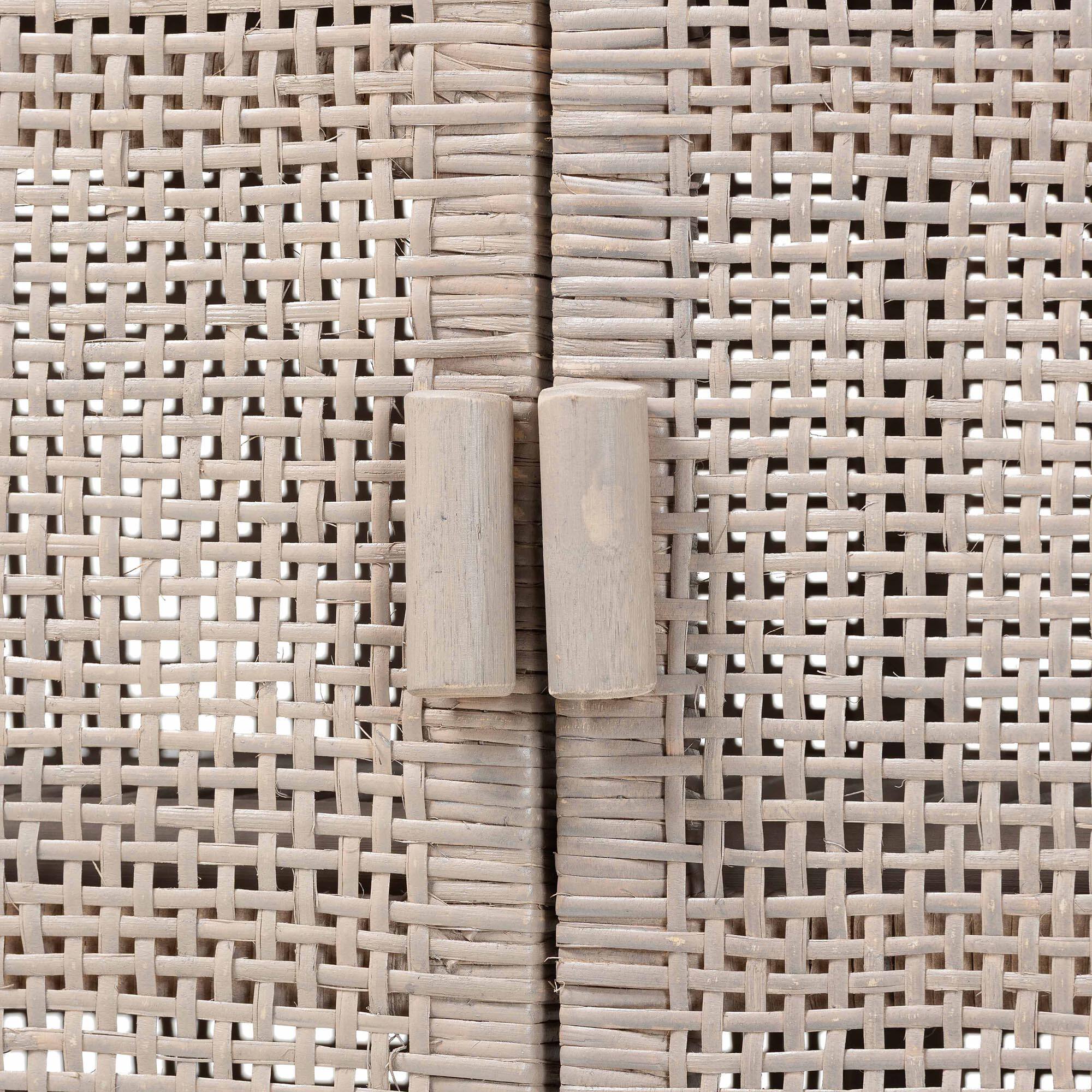 Alt View 2. bali & pari - Vivan Natural Rattan Storage Cabinet - 3-Tier Handwoven Wicker Accent Cabinet with Double Doors and Elevated Base - French Grey.