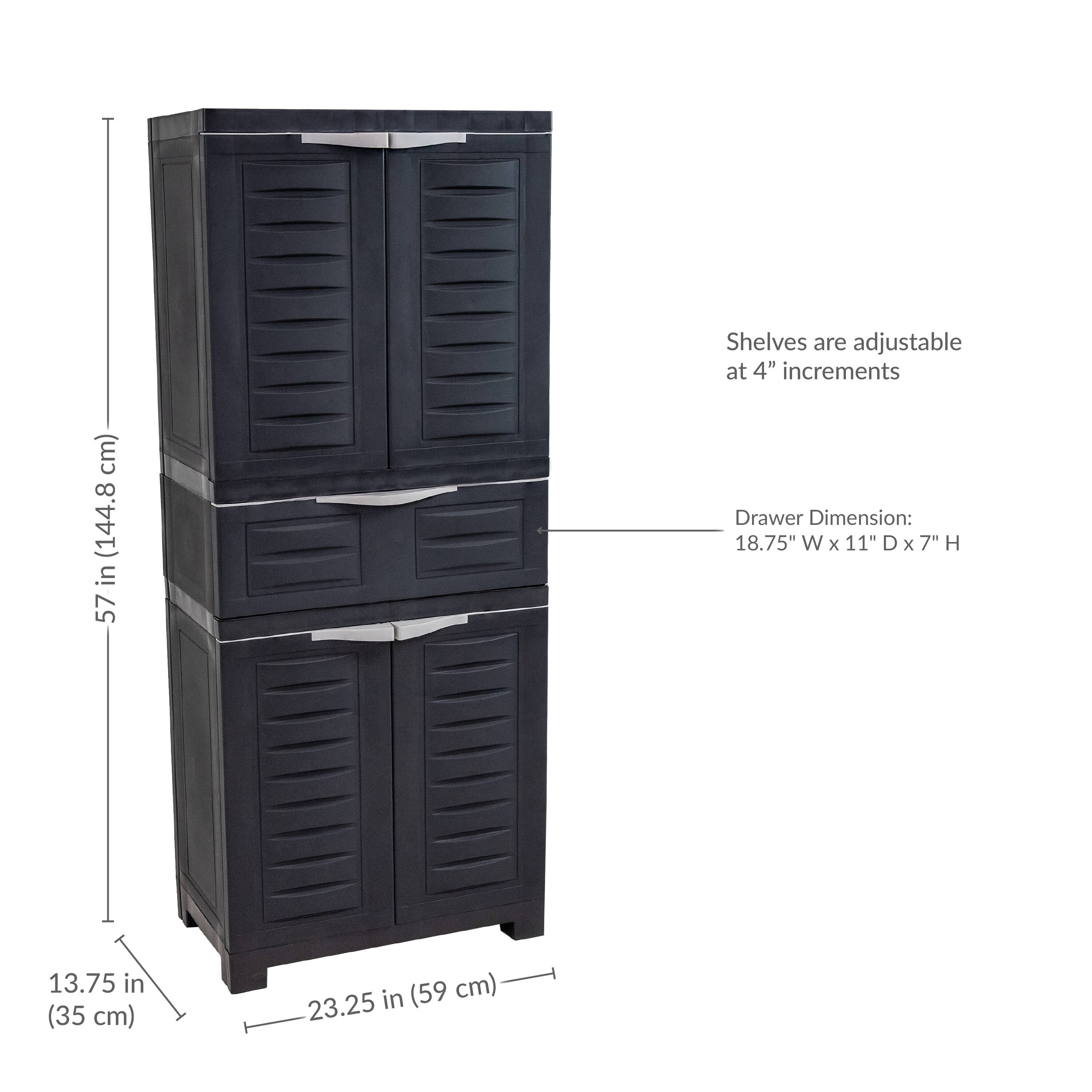 Shelves are adjustable at 4" increments.

Drawer Dimension: 18.75" W x 11" D x 7" H

Dimensions:
- Height: 57 in (144.8 cm)
- Width: 23.25 in (59 cm)
- Depth: 13.75 in (35 cm)
