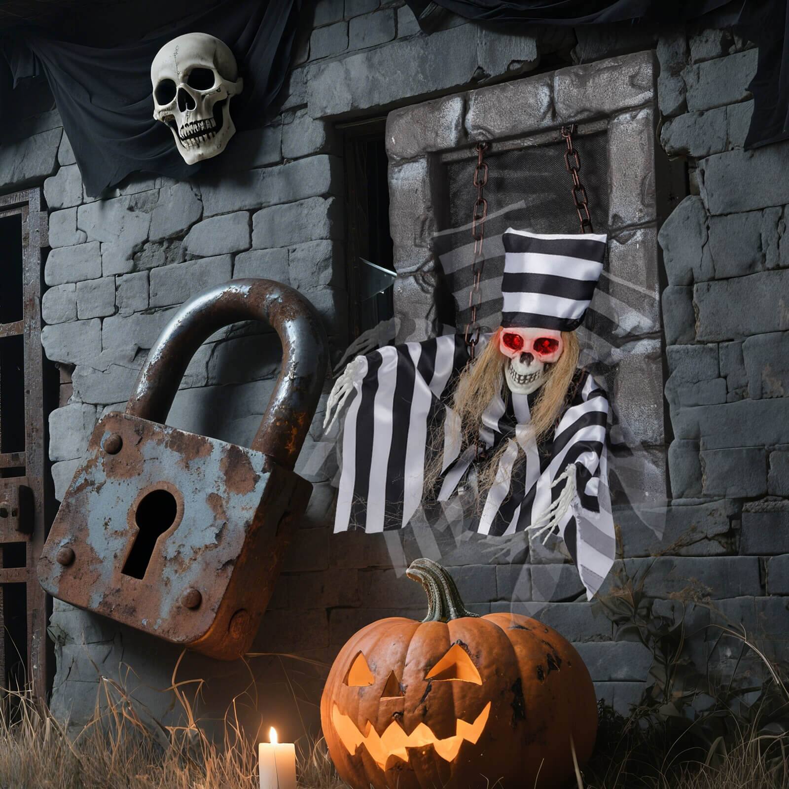 Alt View 3. Costway - Costway Animated Halloween Decoration 18” Hanging Skull Prisoner with Light-up Eyes - Black,White.