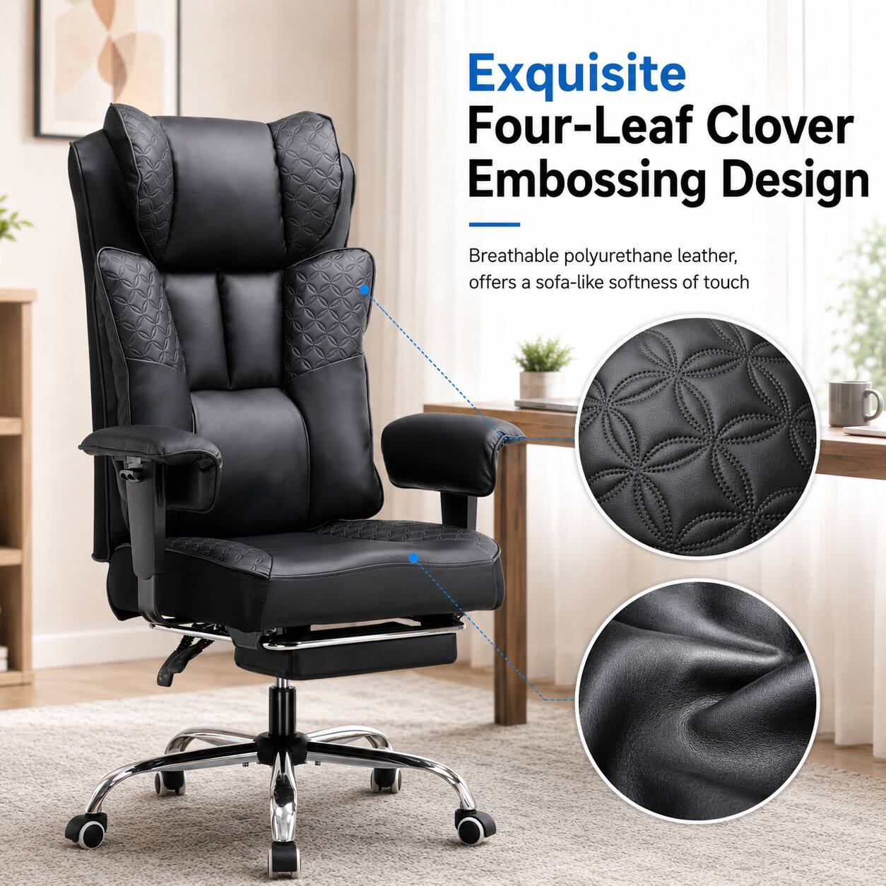Exquisite Four-Leaf Clover Embossing Design

Breathable polyurethane leather, offers a sofa-like softness of touch