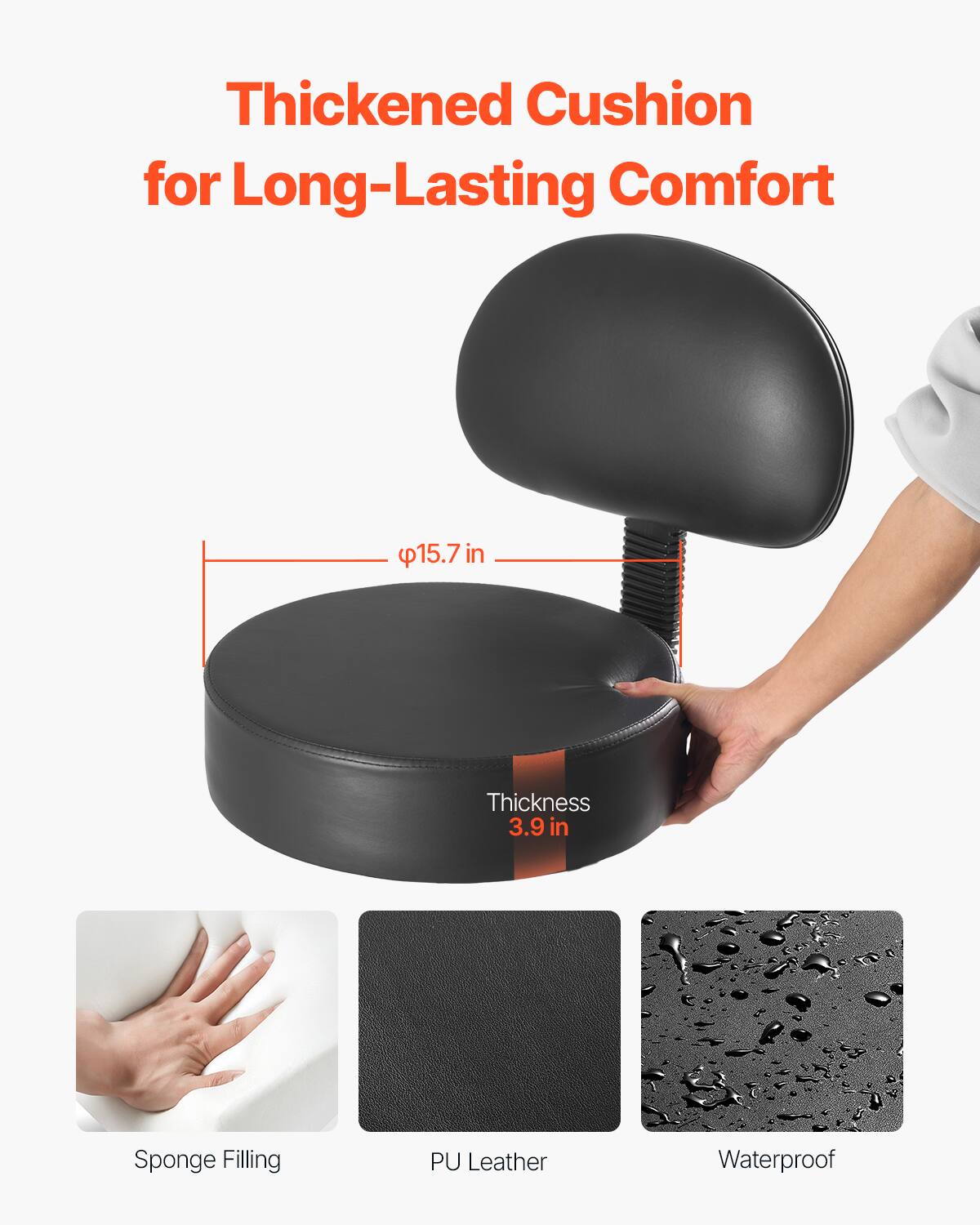 Thickened Cushion for Long-Lasting Comfort, 15.7 in Thickness, 3.9 in, Sponge Filling, PU Leather, Waterproof