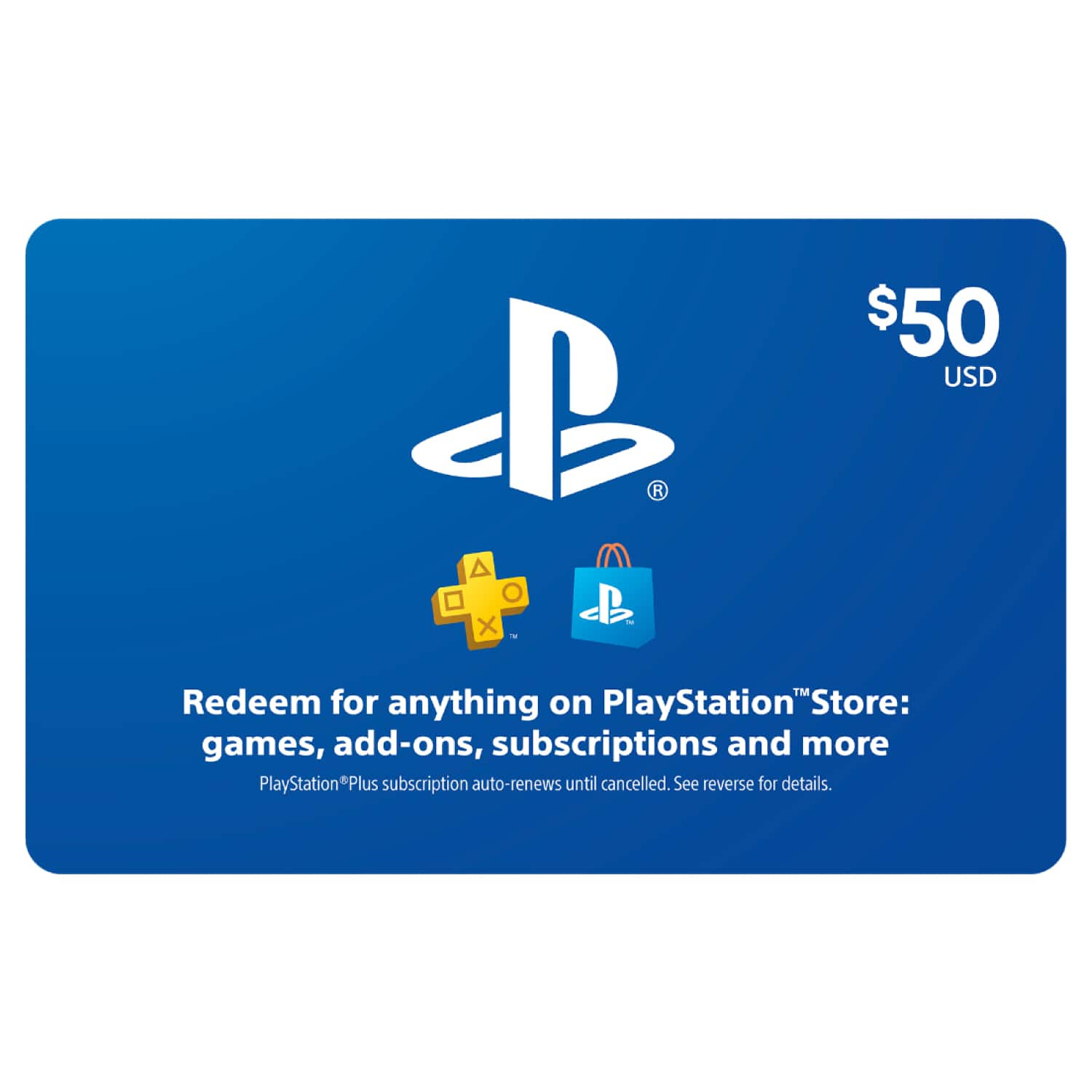 B. Redeem for anything on PlayStation Store: games, add-ons, subscriptions and more. PlayStation Plus subscription auto-renews until cancelled. See reverse for details.