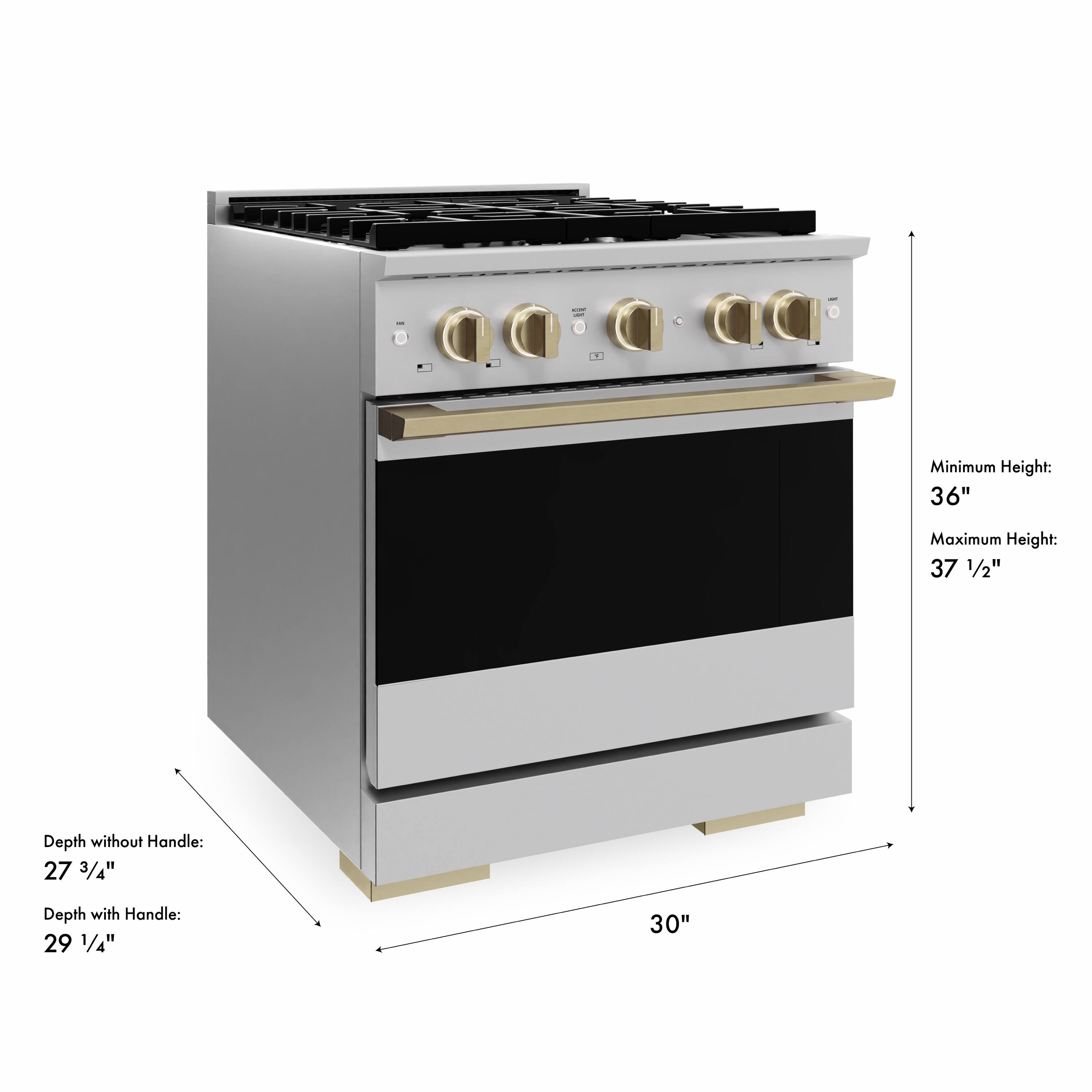 Minimum Height: 36"  
Maximum Height: 37 1/2"  
Depth without Handle: 27 3/4"  
Depth with Handle: 29 1/4"  
Width: 30"