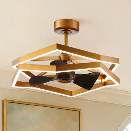 Front. Parrot Uncle - 30"Industrial Black Antique Brass Irregular LED Fandelier Ceiling Fan with 6 speeds Remote - Brass.
