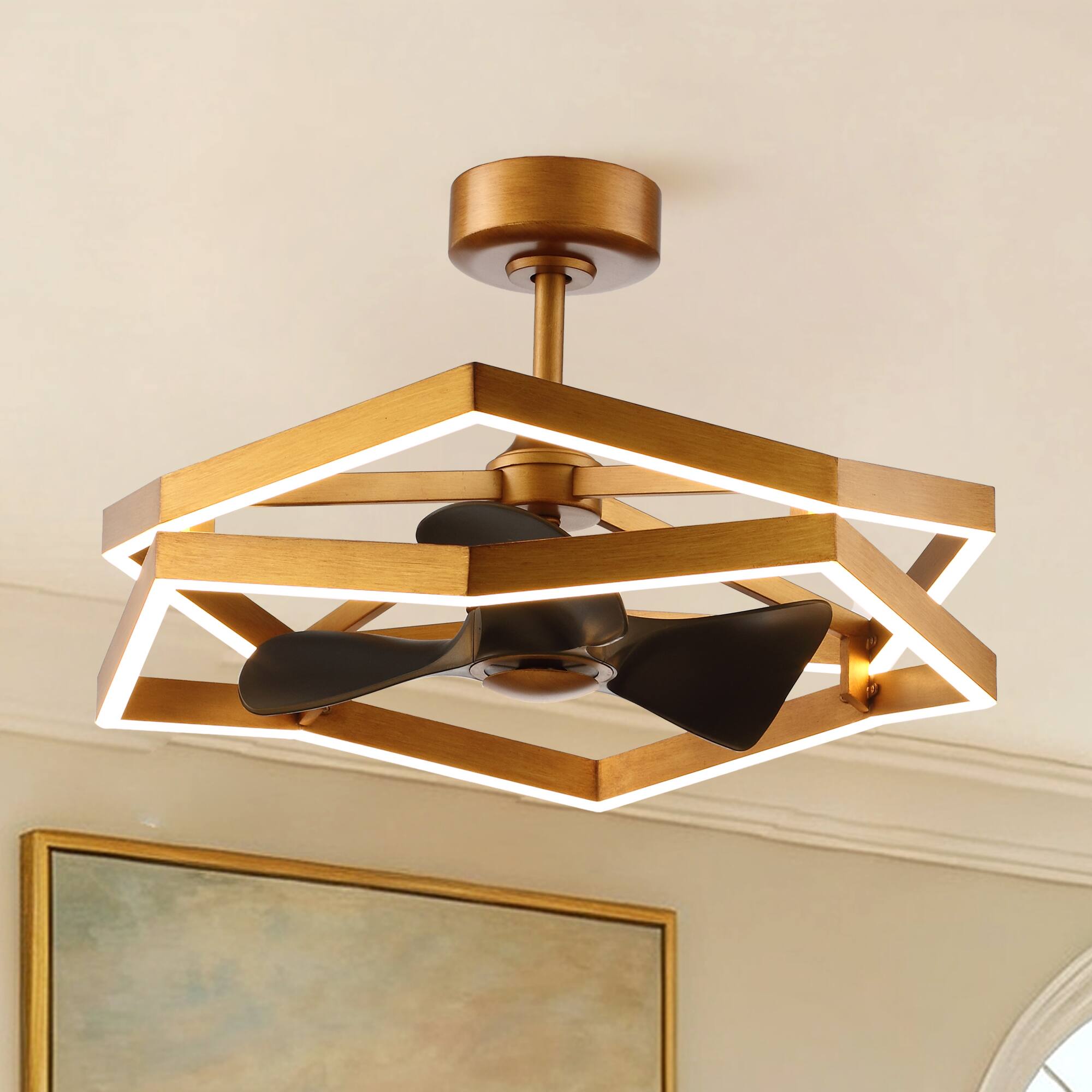 Parrot Uncle - 30"Industrial Balck Antique Irregular LED Fandelier Ceiling Fan with 6 speeds Remote - Brass