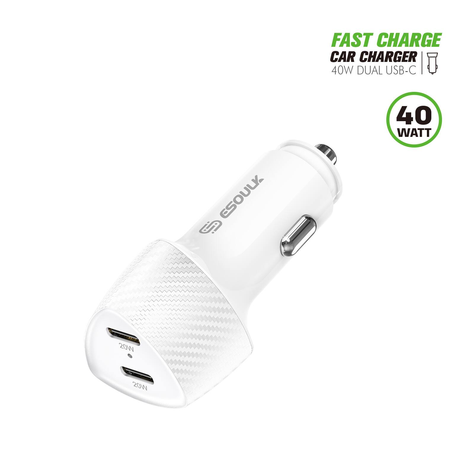 FAST CHARGE  
CAR CHARGER  
40W DUAL USB-C  

40 WATT  

20W  
20W
