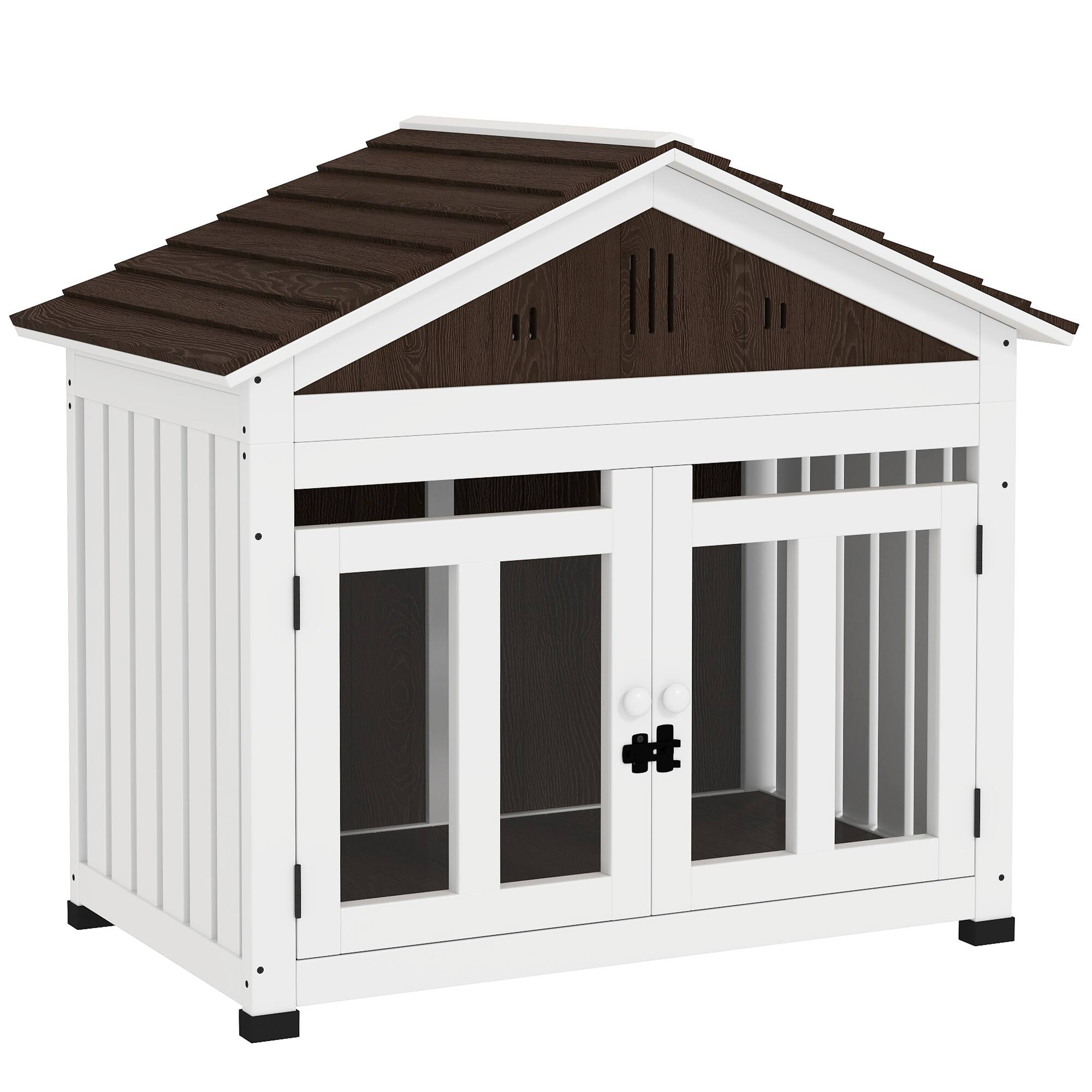 Front. Pawhut - 40"L Dog House Outdoor Indoor, Wooden, Air Vents, Elevated Removable Floor, Magnetic Doors, Foot Covers.