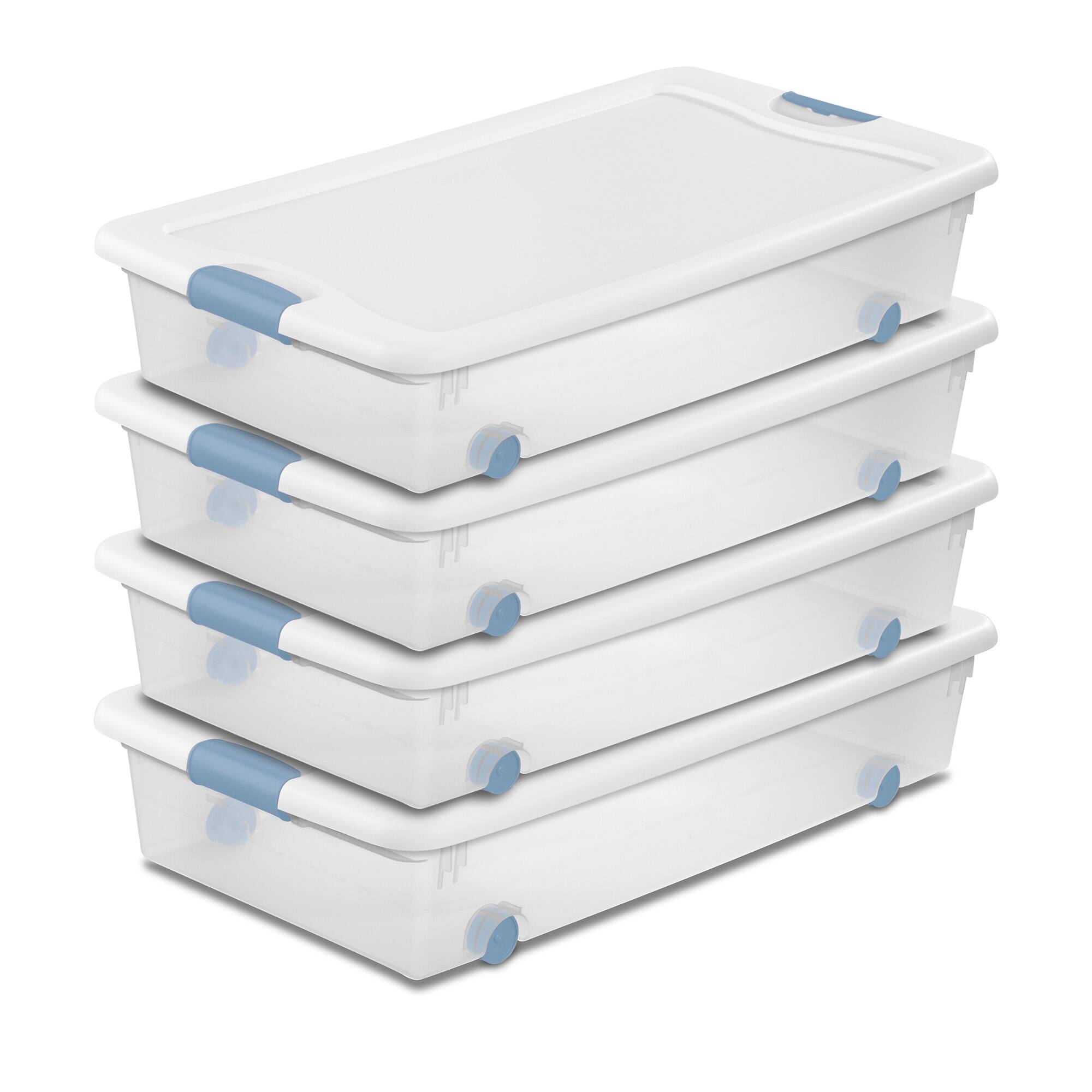 Front. Sterilite - Sterilite 56 Quart Latching Stackable Wheeled Storage Container w/ Lid, (4 Pack) - Clear/Blue.