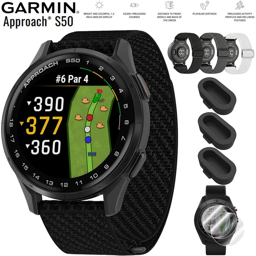 Garmin - Approach S50 Advanced Golf GPS Smartwatch with Nylon Elastic Bands Bundle - Slate Aluminium|Black - (2025)