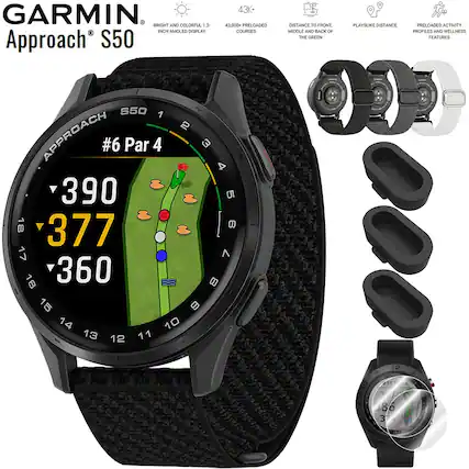 GARMIN Approach S50
- Bright and colorful 1.2-inch AMOLED display
- 43K preloaded courses
- Distance to front, middle, and back of the green
- Playlike distance
- Preloaded activity profiles and wellness features
#6 Par 4
390
377
360
43K*