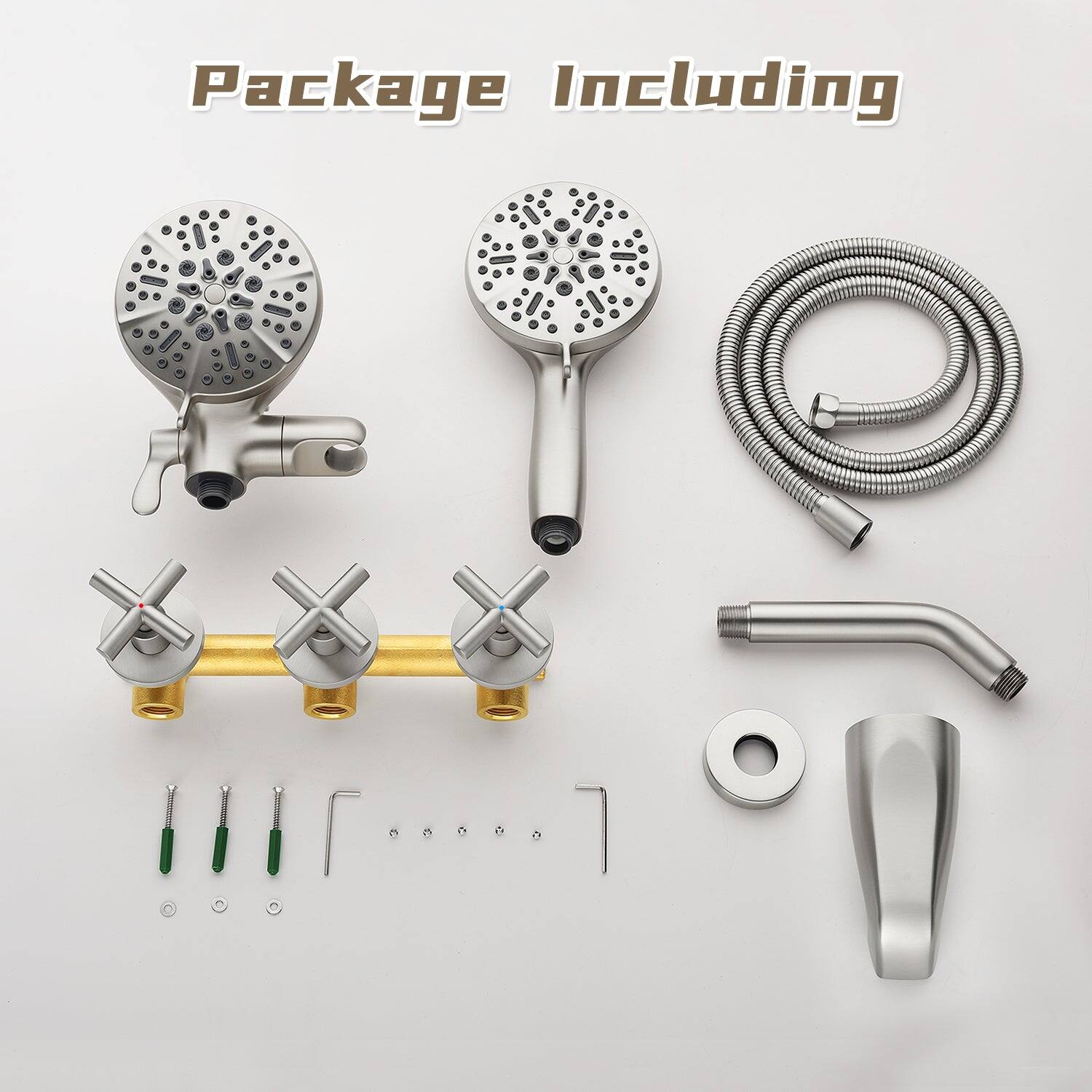 Package Including

- Showerhead
- Handheld showerhead
- Flexible hose
- Faucet
- Faucet handles
- Drain cover
- Drain strainer
- Screws and fittings