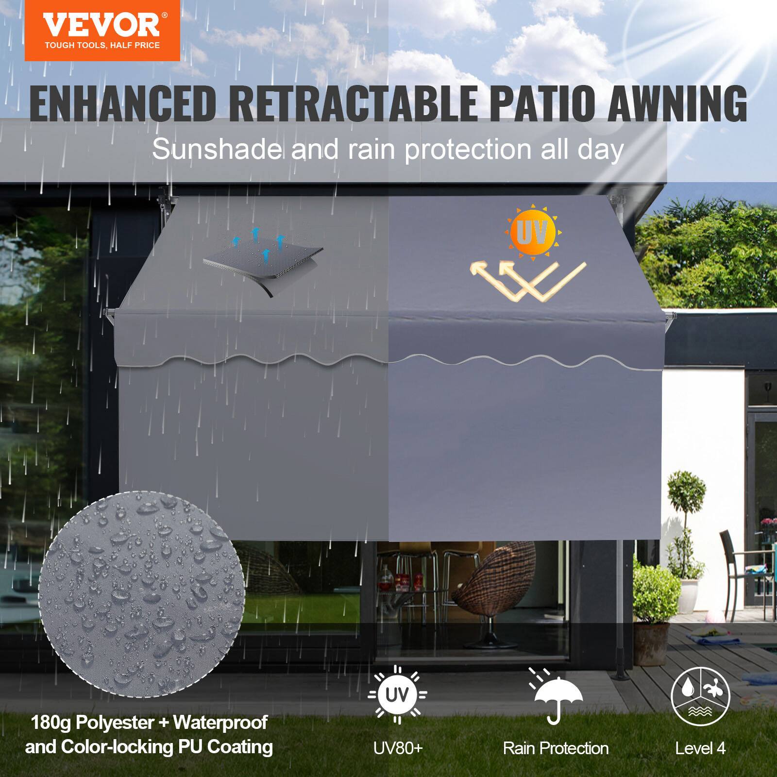VEVOR TOUGH TOOLS, HALF PRICE ENHANCED RETRACTABLE PATIO AWNING Sunshade and rain protection all day UV 180g Polyester + Waterproof and Color-locking PU Coating UV80+ Rain Protection Level 4