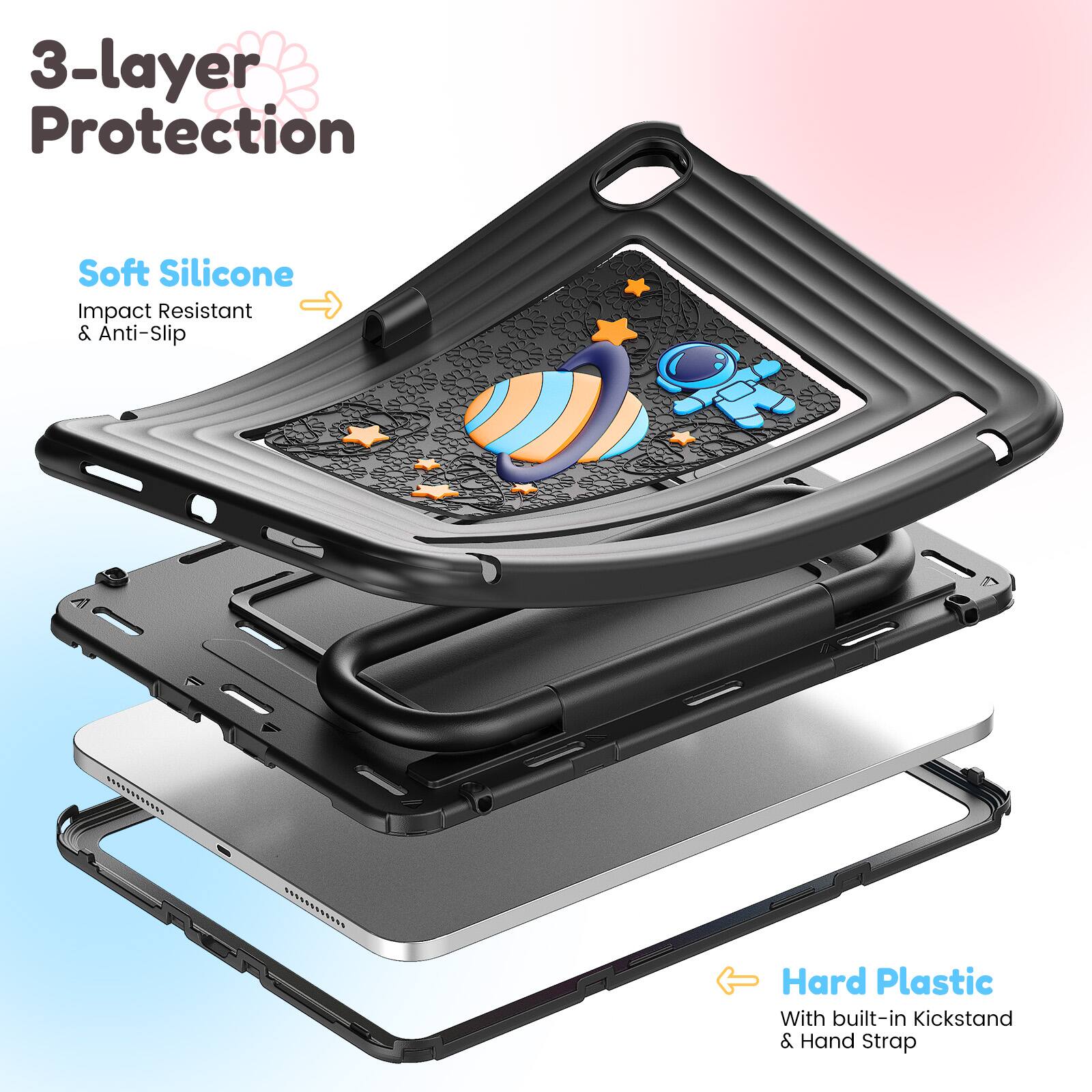 3-layer Protection Soft Silicone Impact Resistant & Anti-Slip * ES2ADA Hard Plastic With built-in Kickstand & Hand Strap