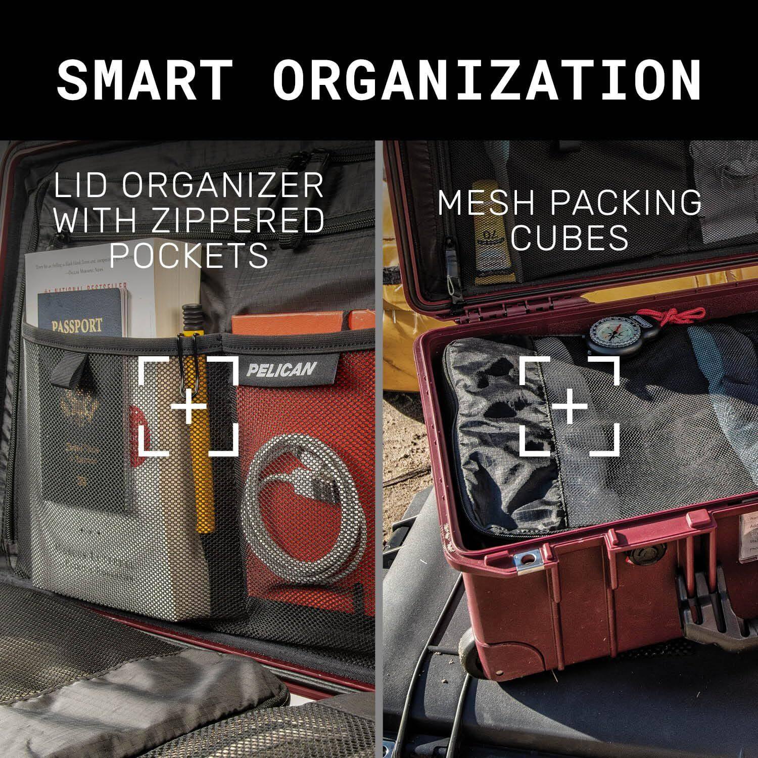 SMART ORGANIZATION  
LID ORGANIZER WITH ZIPPERED POCKETS  
MESH PACKING CUBES  
PASSPORT + PELICAN