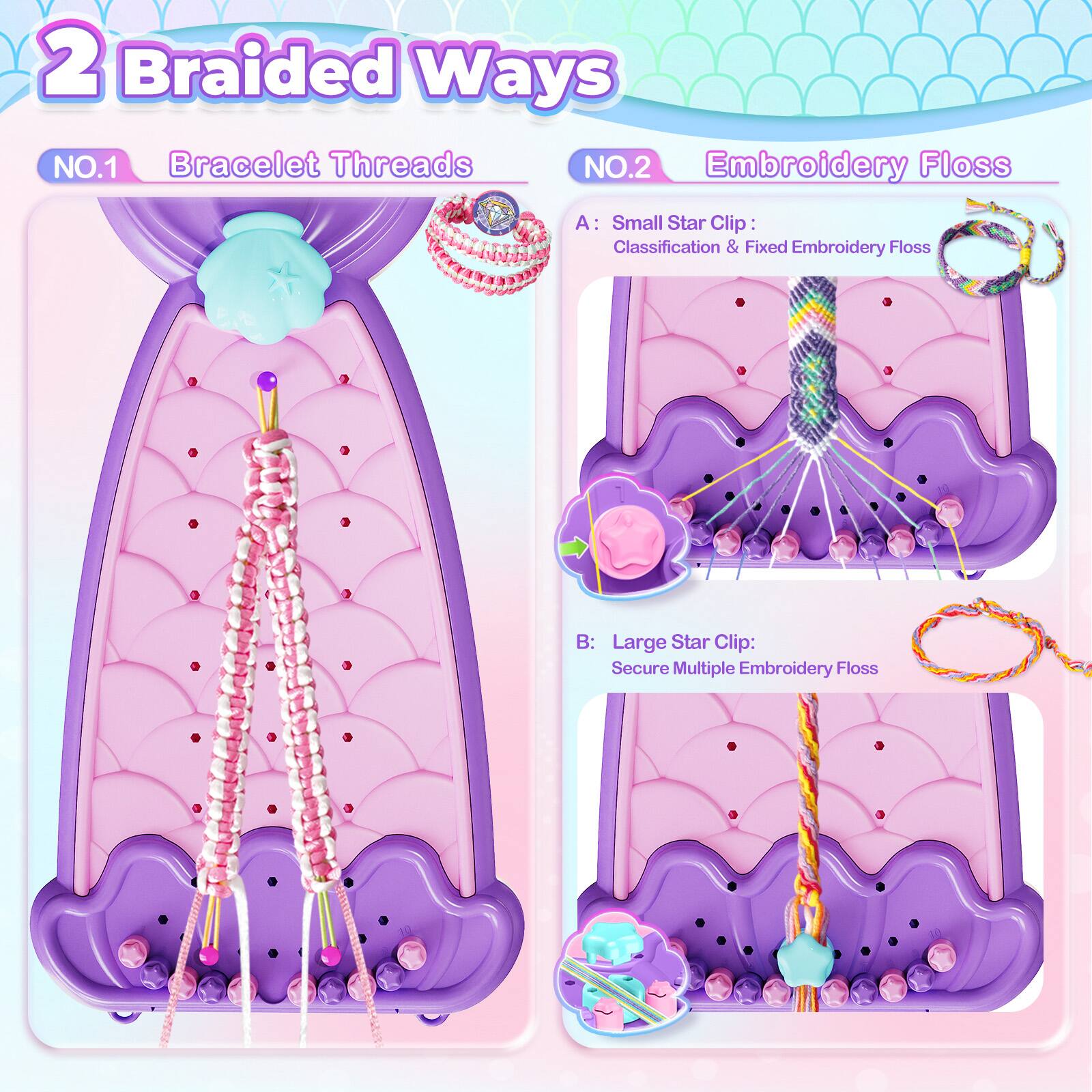 2 Braided Ways

NO.1 Bracelet Threads

NO.2 Embroidery Floss

A: Small Star Clip: Classification & Fixed Embroidery Floss

B: Large Star Clip: Secure Multiple Embroidery Floss