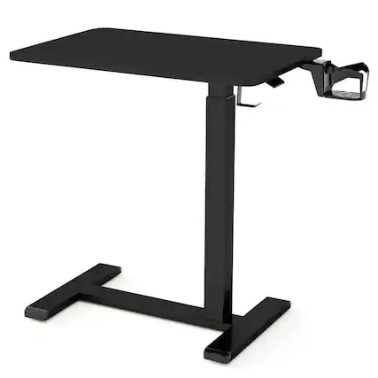 Front. Resenkos - Height-Adjustable Rolling Overbed Table with Cup Holder, Black - Black.