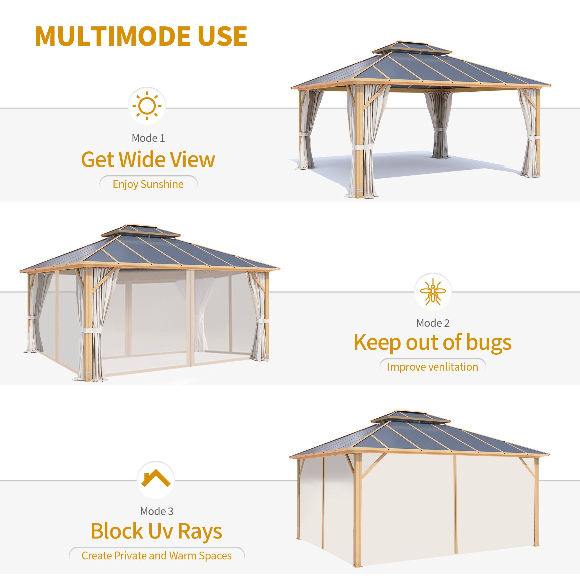 MULTIMODE USE
Mode 1 Get Wide View Enjoy Sunshine
Mode 2 Keep out of bugs Improve ventilation
Mode 3 Block Uv Rays Create Private and Warm Spaces