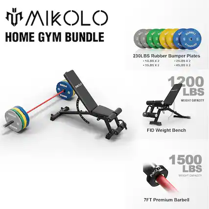 MIKOLLO HOME GYM BUNDLE
- 230LBS Rubber Bumper Plates
- 10LBS x 2
- 25LBS x 2
- 35LBS x 2
- 45LBS x 2
- FID Weight Bench
- 1200 LBS WEIGHT CAPACITY
- 7FT Premium Barbell
- 1500 LBS WEIGHT CAPACITY