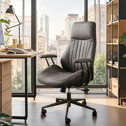 Front. Ovios - Ergonomic High Back Office Chair, 300lb Capacity, Suede Fabric & Smooth Rolling Wheels for Workspace - Dark Grey.